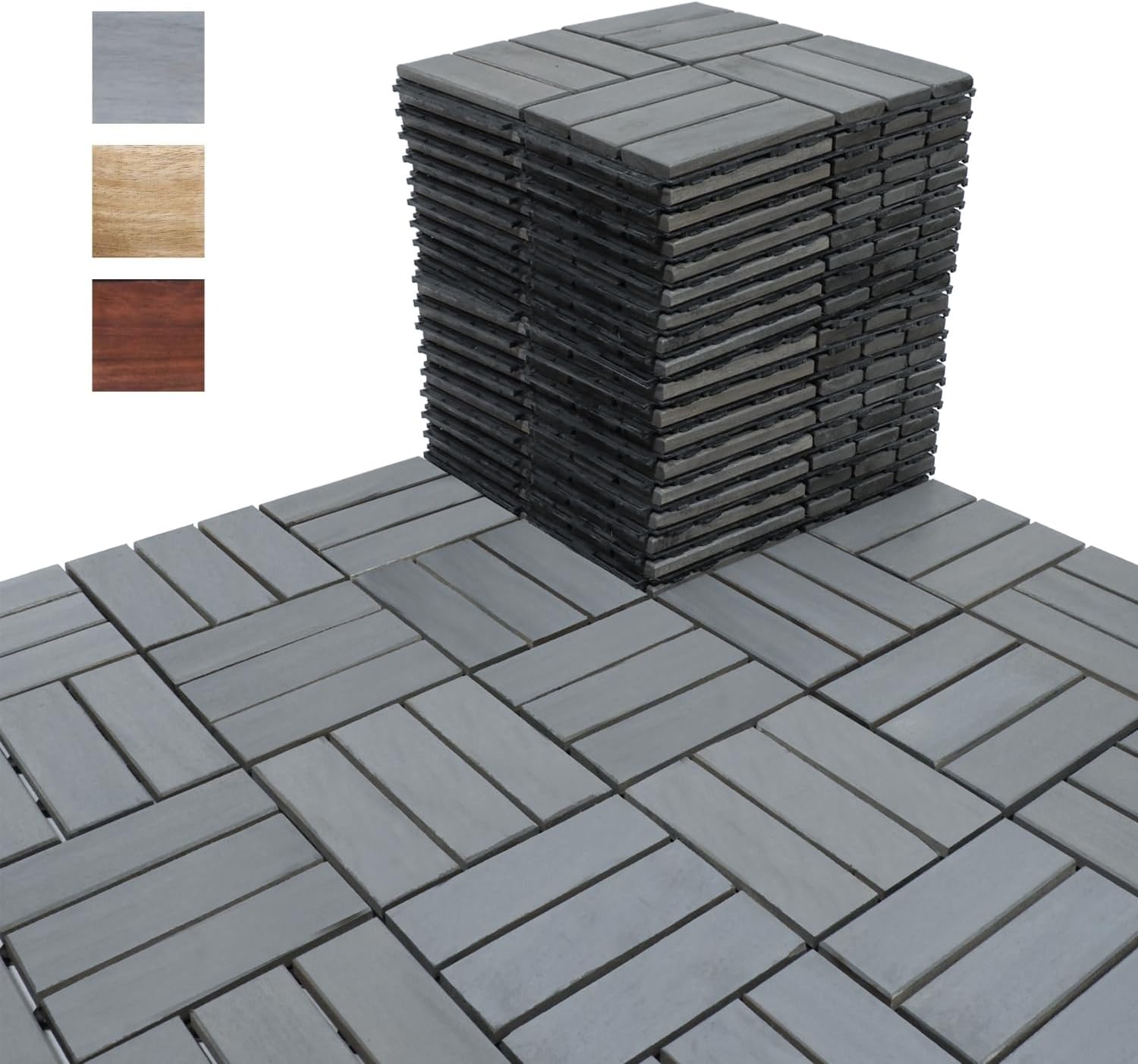 BEEFURNI Acacia Interlocking Deck Tiles (12x12 Pack 30) - Waterproof Acacia Wood Decking for All Weather Use - Patio, Balcony, Porch, Yard, Indoor & Outdoor Wood Flooring (Light Gray)