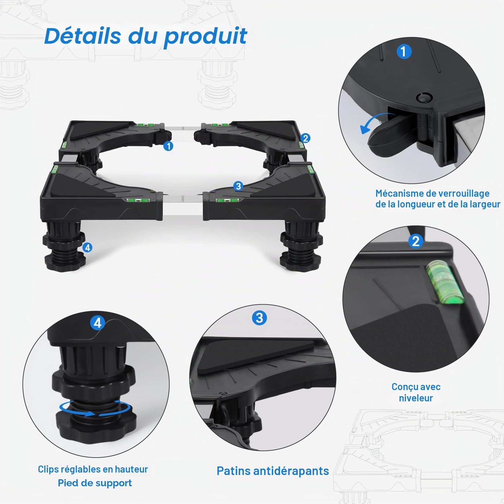 Support Machine à Laver avec 4 pieds rembourrés verrouillables, Réglable Largeur 40-62cm et Hauteur 10-12.5cm, Socle Lave Linge Charge 200KG, Bases de Réfrigérateur et Sèche-Linge, Noir