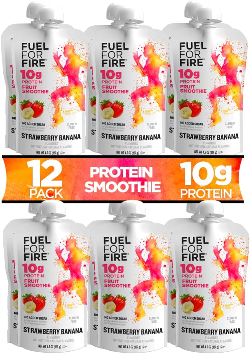 Fuel for Fire Protein Smoothie Pouch - Strawberry Banana (12-Pack) | Healthy Snack & Recovery | No Sugar Added, Dietitian Approved | Functional Fruit Smoothies | Gluten Free, Kosher (4.5oz pouches)