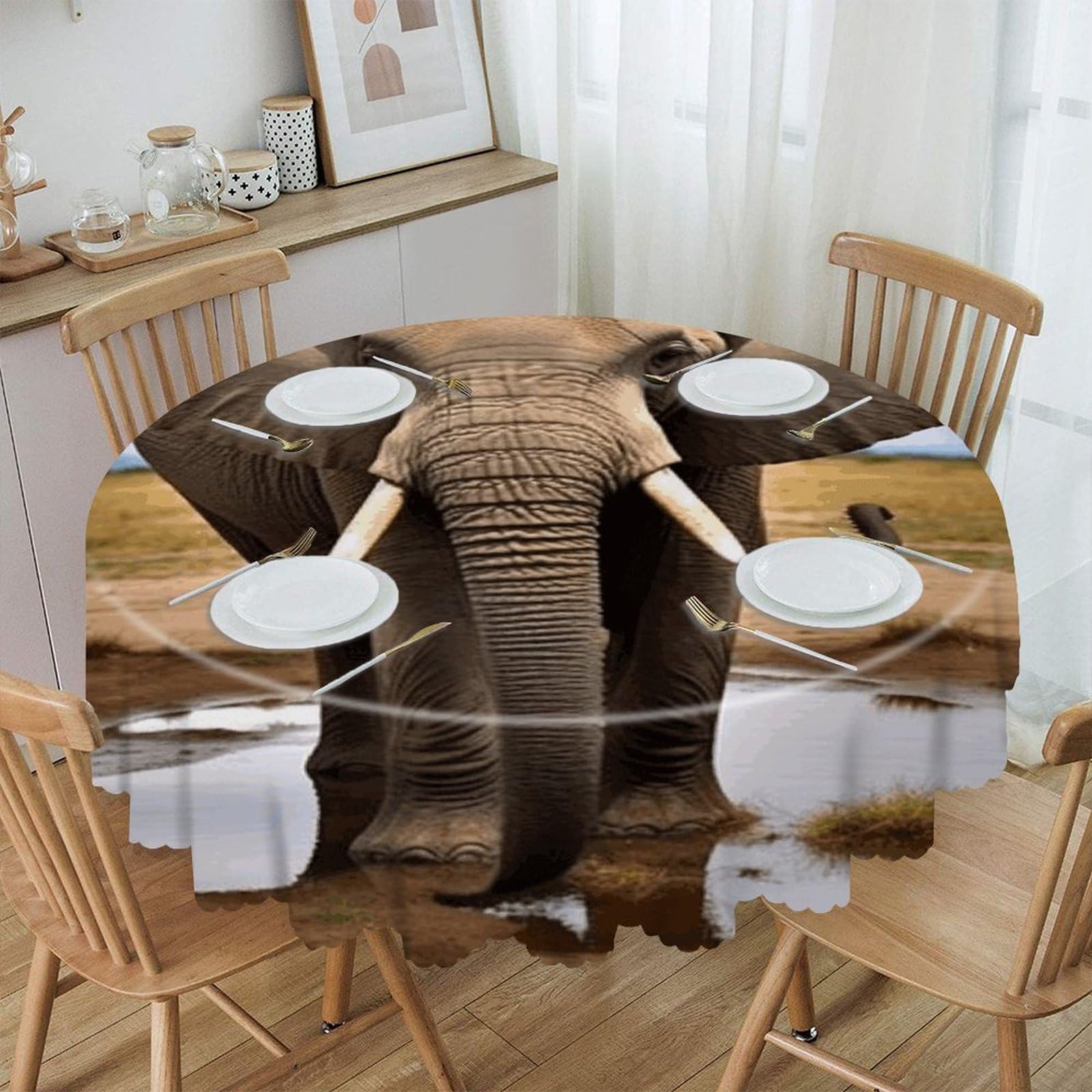 VstaDank African Wild Animals Elephant Round Tablecloth 60 Inch Easy to Clean Circle Table Cover Thick Decorative Round Polyester Table Cloth for Dining Kitchen Party Farmhouse Outdoor