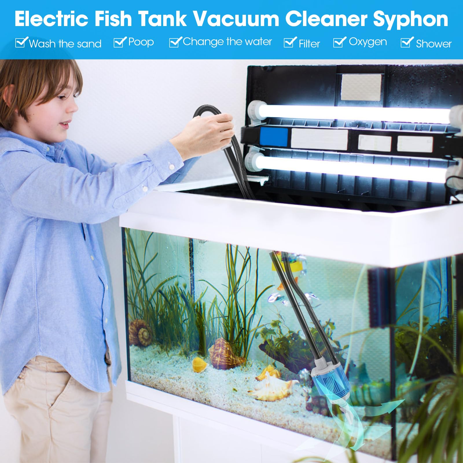 Nettoyage de Gravier pour Aquarium 6 en 1 Kit, Aspirateur Electrique pour Aquarium Changeur d'eau Laveur de Sable pour Aquariums Nettoyage des algues/Gravier