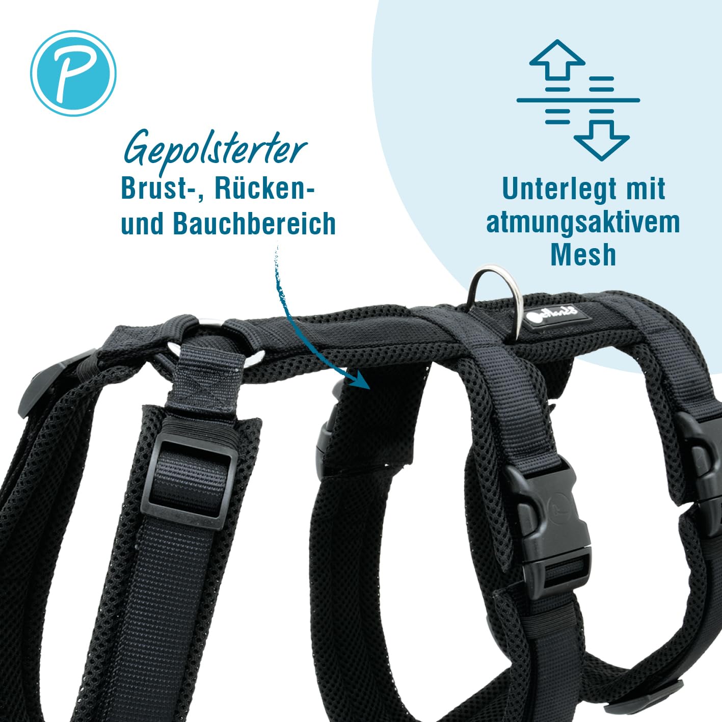 Petlando Sicherheitsgeschirr, ausbruchsicheres Hundegeschirr mit extra Bauchgurt, weich gepolstert mit Mesh, atmungsaktiv, robust, stufenlos verstellbar, Geschirr für große Hunde, Schwarz, L