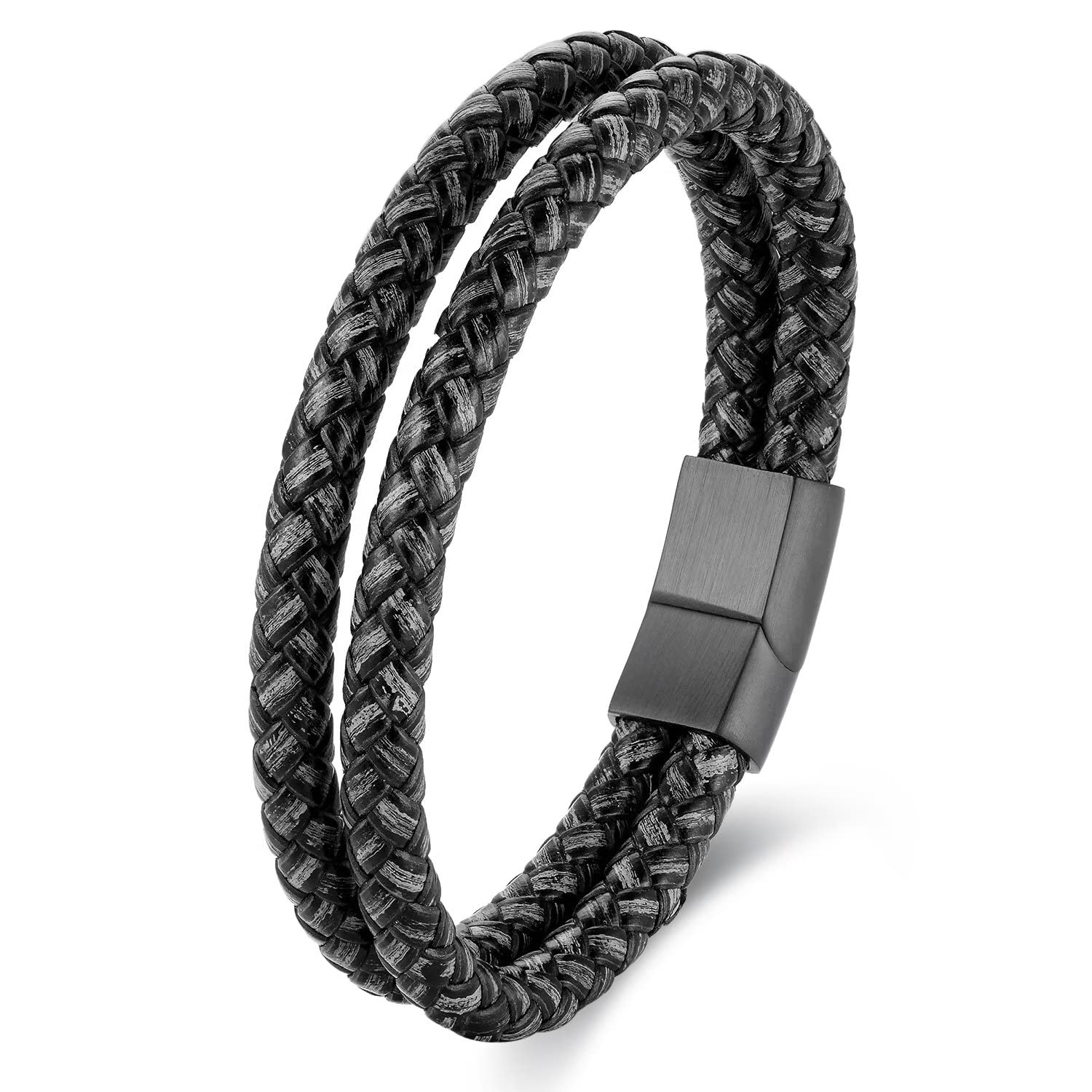 BIYONGDE Minimalist Two-row Braided Leather Bangle Bracelet for Men, Cool Punk Rock