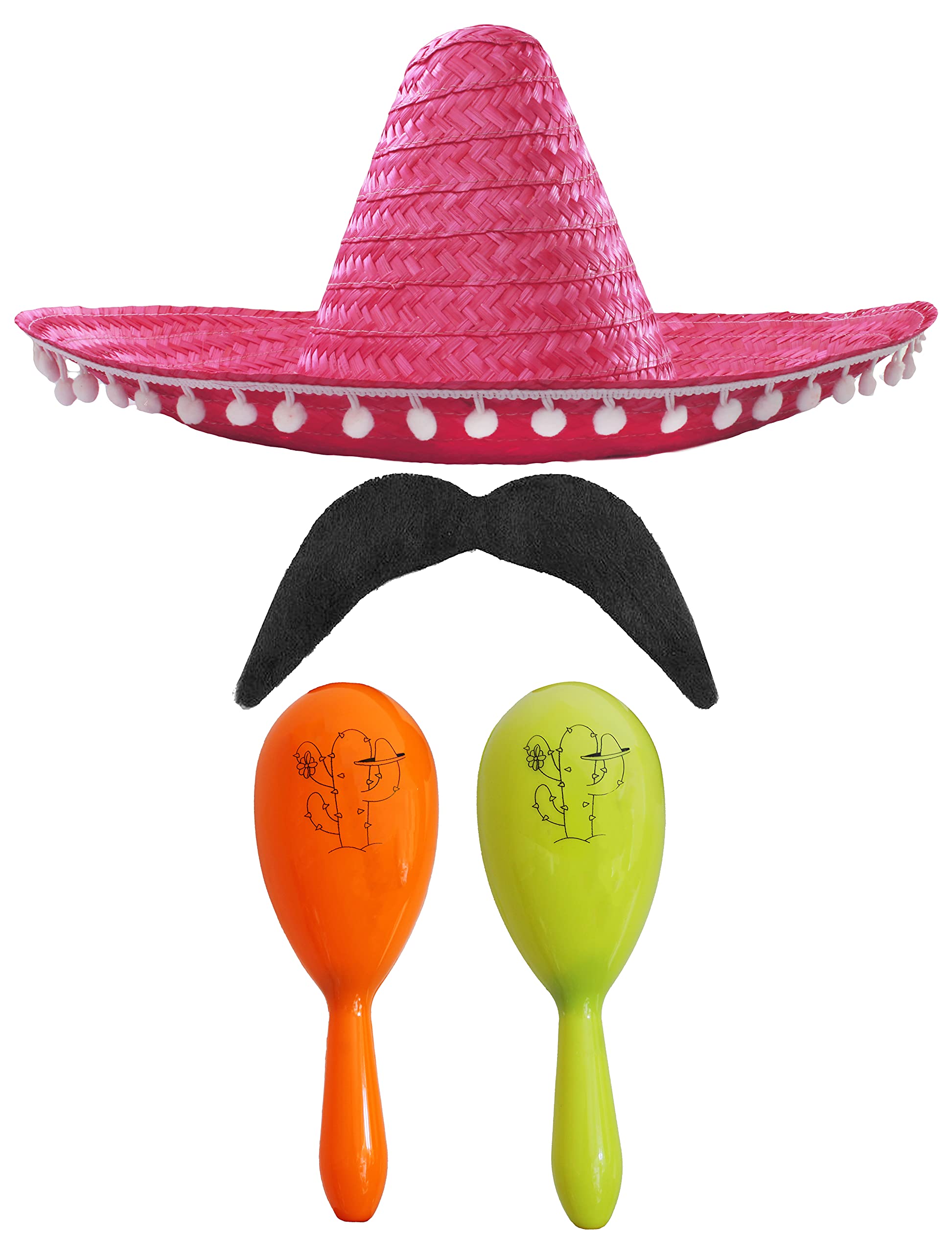 Adults Mexican Accessory Set - Natural Mexican Sombrero, Green & Yellow Maracas, Moustache - Mexican Cinco de Mayo Sensorita Bandit Mariachi Fancy Dress Costume Accessory Set