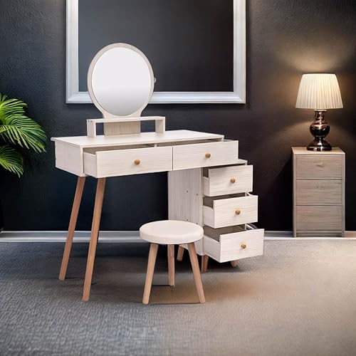 Mesa de tocador de maquillaje con espejo redondo grande, escritorio blanco con taburete acolchado, tocador de madera con 5 cajones y gabinete de