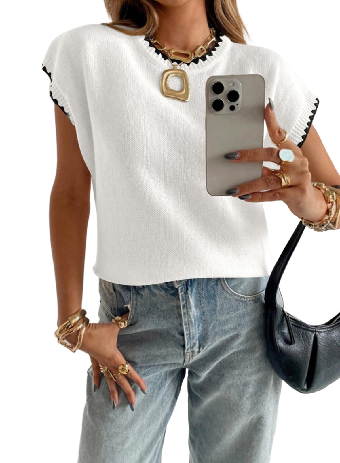 Acelitt Womens Sweater Vest Crew Neck Cap Short Sleeve Casual Loose Fit Knit Pullover Tops Oversized Sleeveless Tank