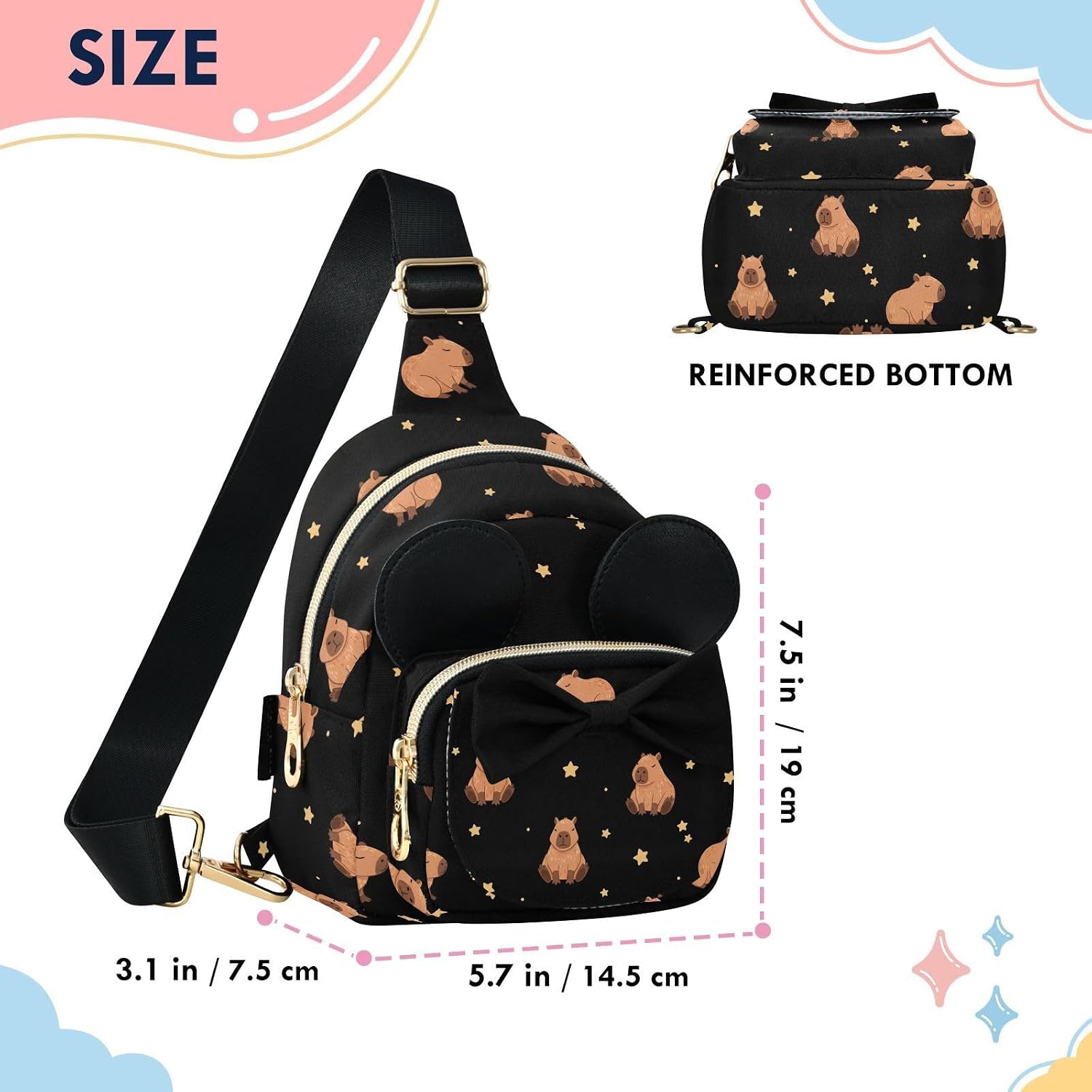 Sinestour Capybara Kids Crossbody Bags for Girls, 5.7"x7.5"x3.1" | Crossbody Fanny Pack, Toddler Purse, Cute Sling Belt Bag with Ears, 2L Small Shoulder Chest Bag for Travel