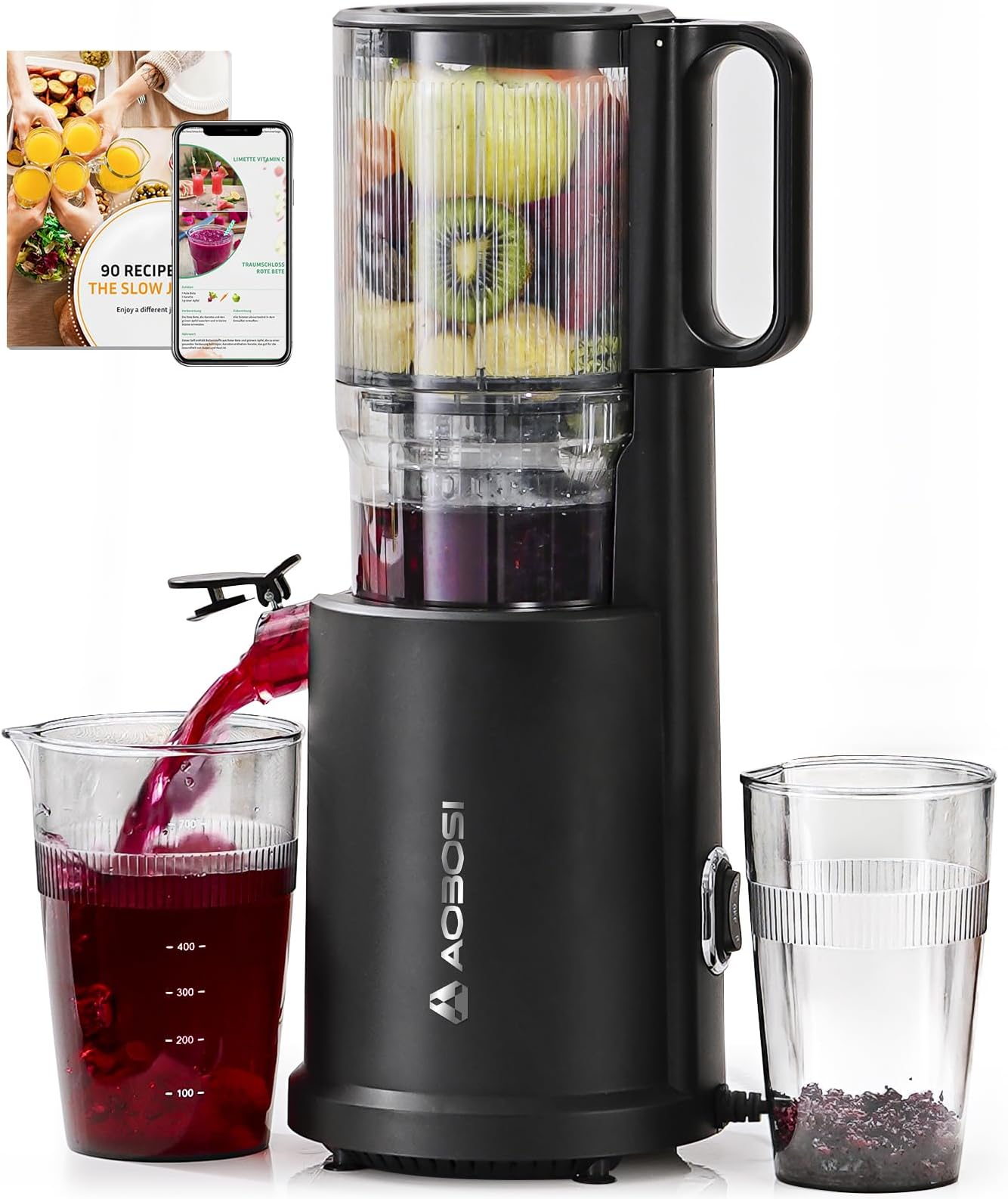 AOBOSI Juicer Machines, 135MM Large Feed Chute for Whole Fruits and Vegetables - 1.5L Capacity 200W Cold Press Juicer with Upgraded Auger, Safety lock and Triple Filter, Black