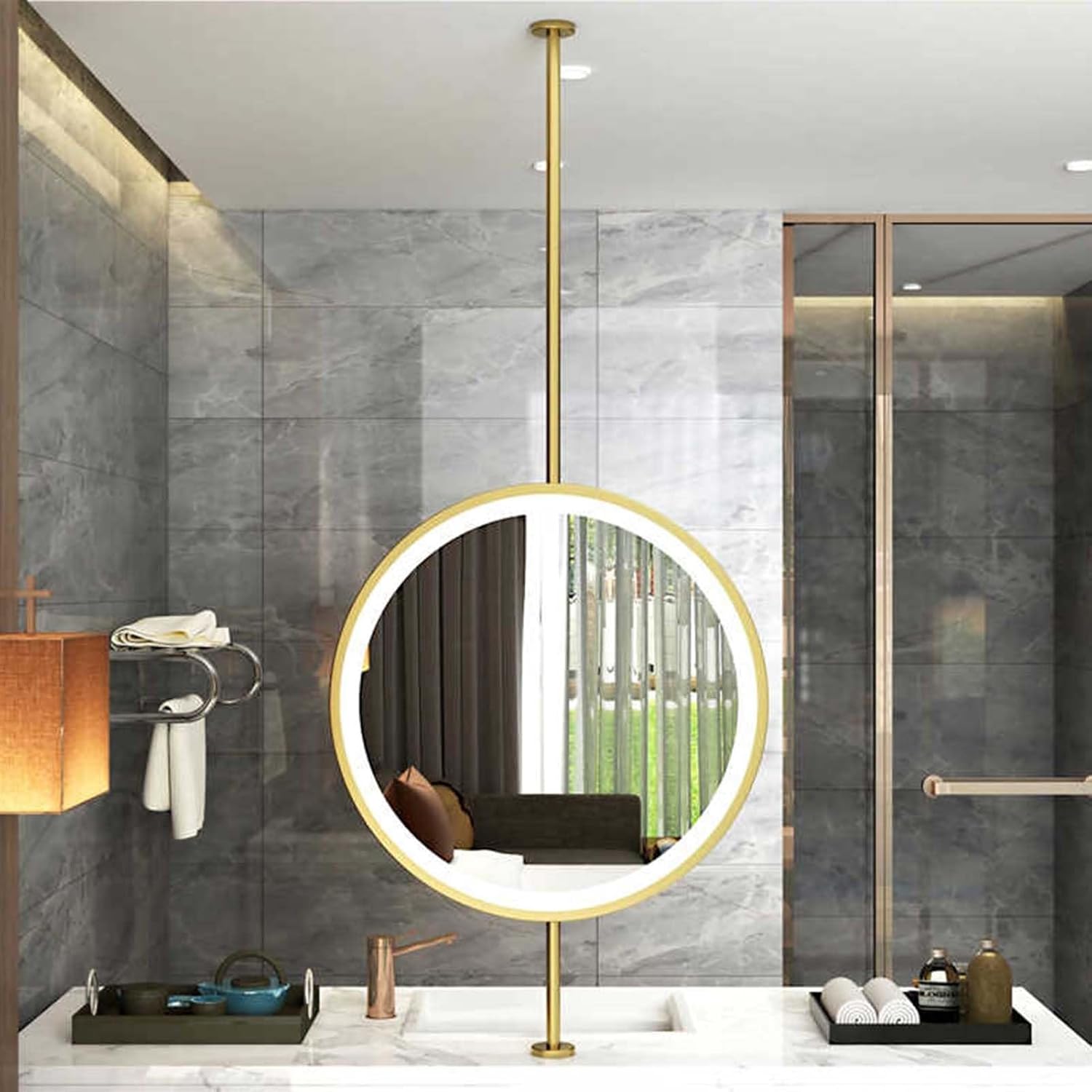 丸型天井吊り下げミラー、金属フレームと吊り下げロッド付きメイクアップミラー、玄関クロークや家の装飾用(Gold,70cm)