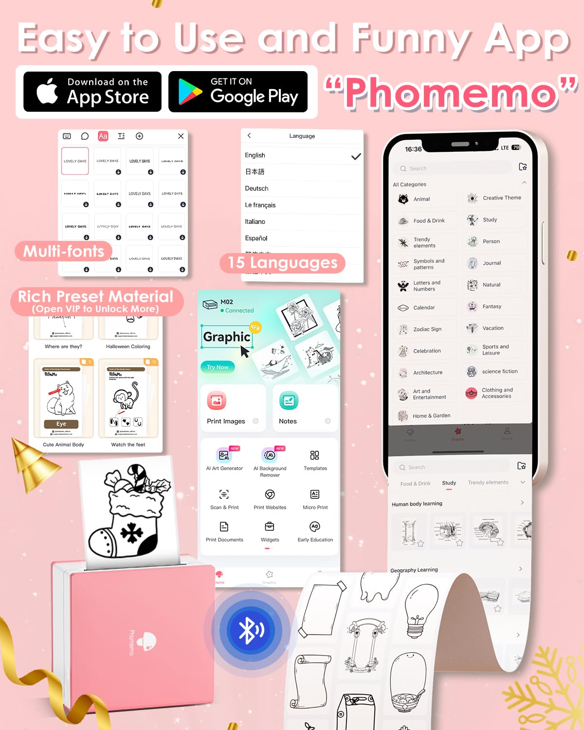 Phomemo M02 Stampante Portatile, Mini Stampante Termica con 3 Rotoli di Carta, Stampante Fotografica Bluetooth per Smartphone Compatibile per iOS e Android - Rosa