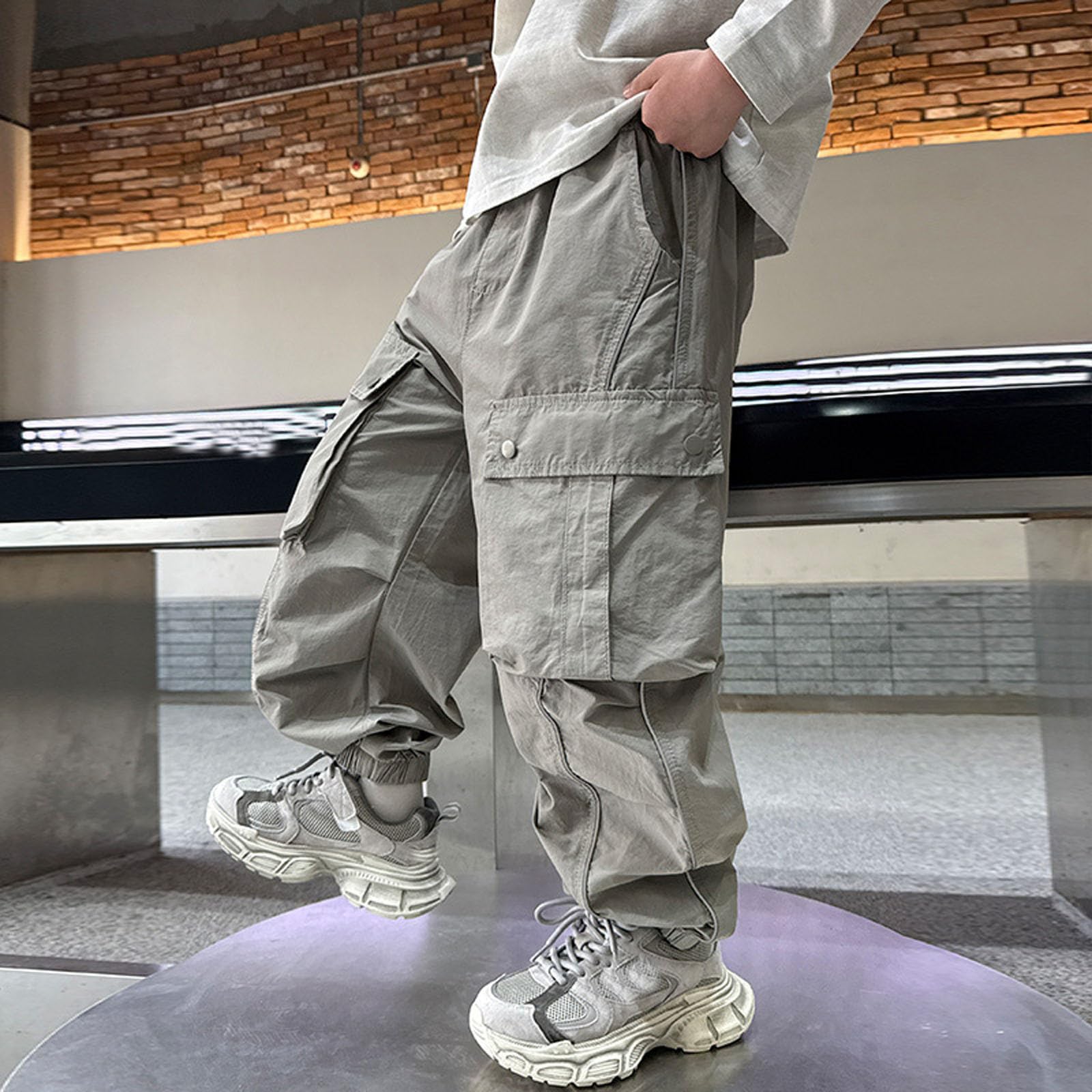 Genérico Pantalones Cargo Niño - Pantalones Cargo para Niños Informales De Cintura Alta con Cordón Holgados Bolsillos Ropa De Calle