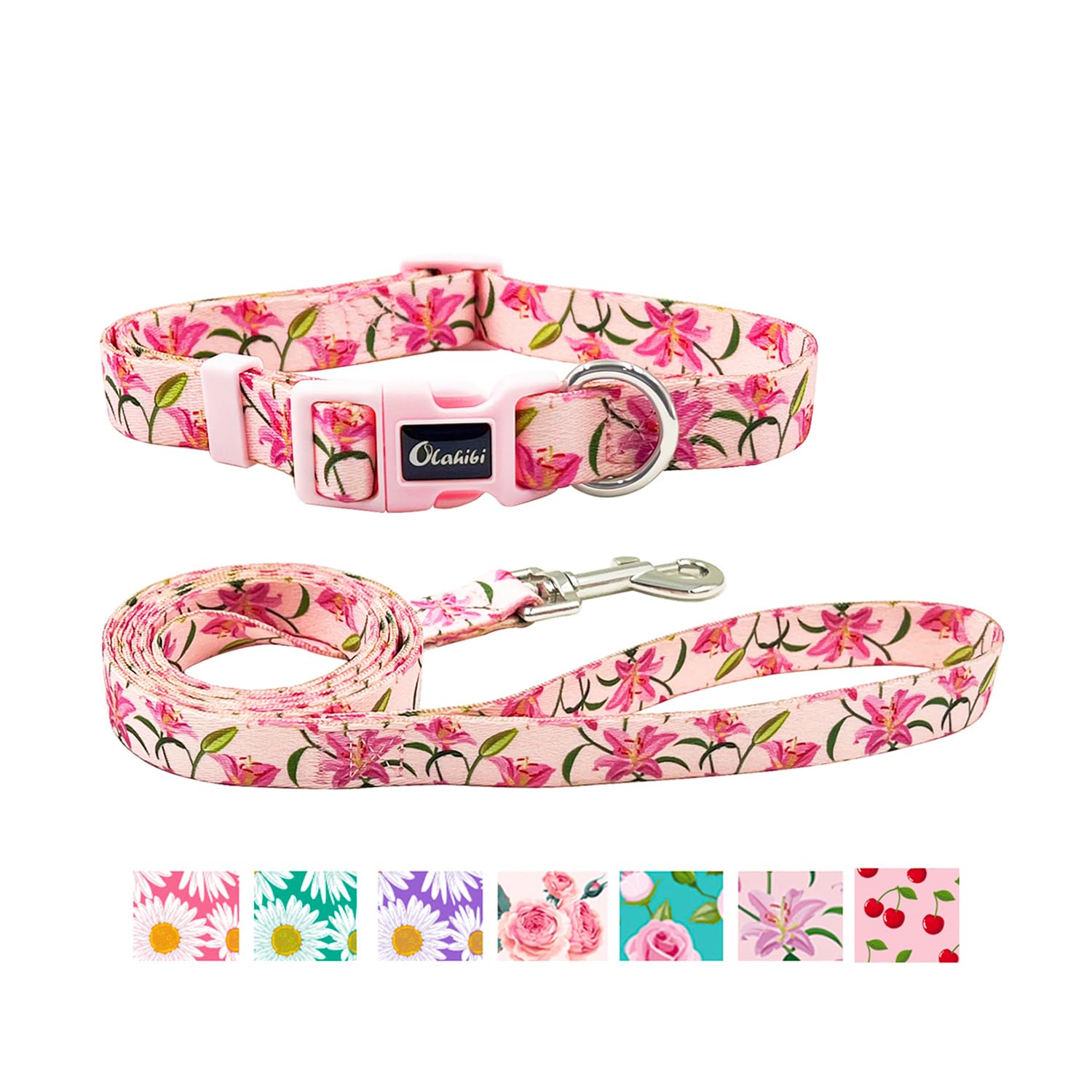 Olahibi Dog Collar Leash Set, Floral Pattern, Polyester Material, Adjustable Collar and 150CM Matching Leash