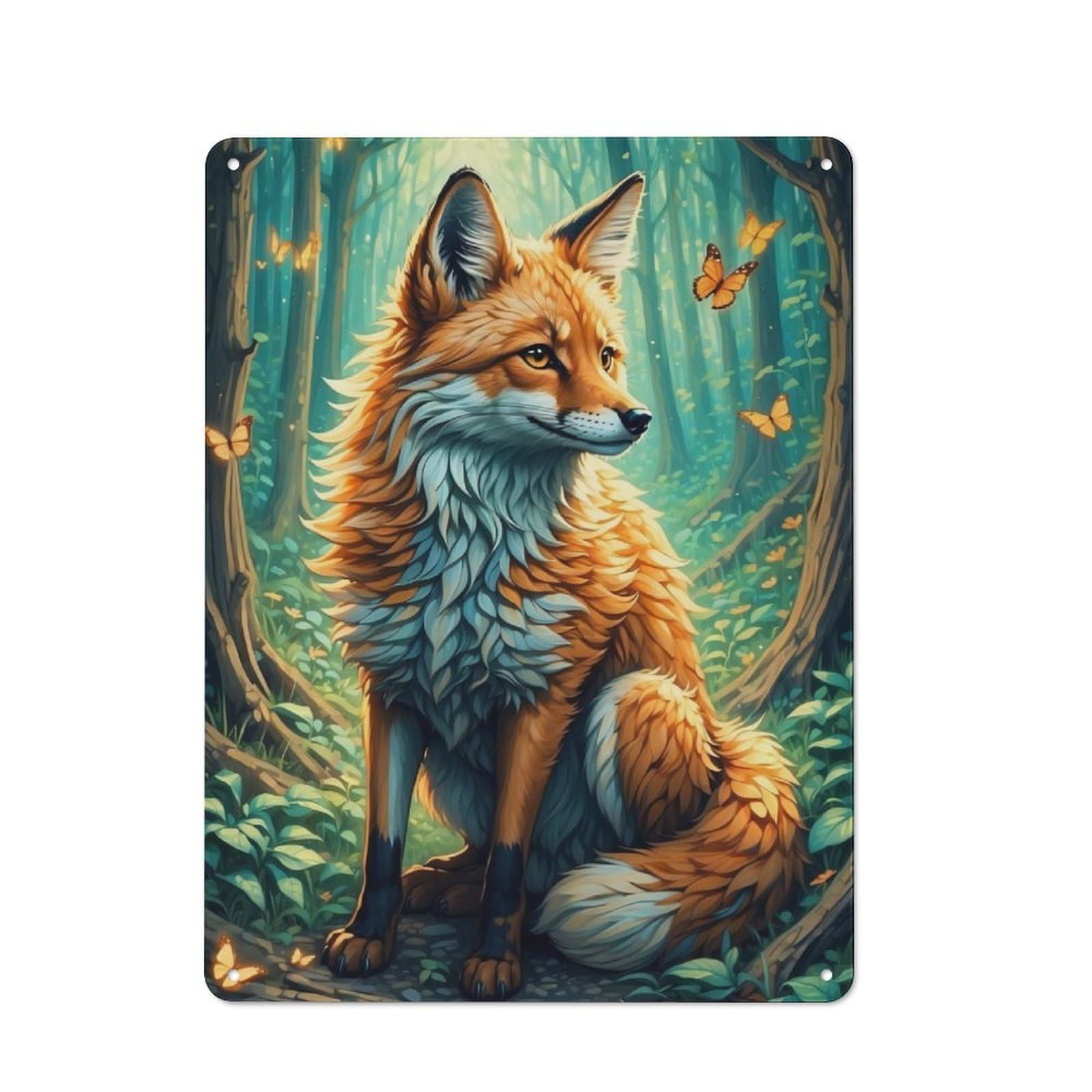 Junmoney A Fox And Butterflies Tin Wall Plaque 40X30cm With For Studio Or Craft Room, For Metal Sign Collectors, For Kitchen And Home Bar Decor