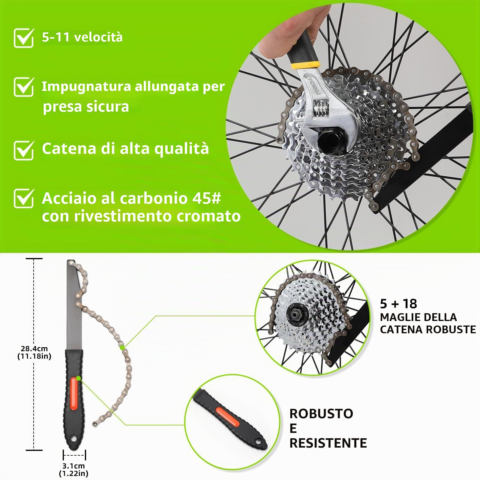 Kit Attrezzi Bici, Chiave a Frusta con Bici Chiave Pacco Pignoni, Kit Catena Bici Frusta per Catena Freewheel Removal Tool