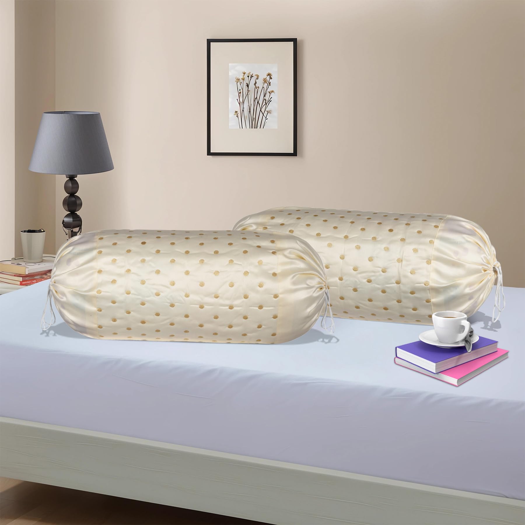 Kuber Industries 2 Pcs Aesthetic Bolster/Side Pillow Cover with Dori for Sofa & Diwan | Washable Cylindrical Takiya & Round Pillow Cover for Home Decoration | Polka Dot - Cream