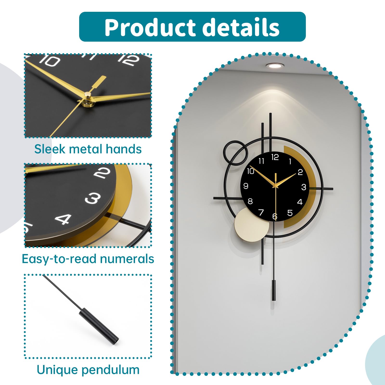 Wall Clock for Living Room Decor Decorative Wall Clock with Pendulum Silent Quartz Battery Operated Black Metal Large Clock for Dining Room,Kitchen,Home,Bathroom,Bedroom,13.8x21.3 in