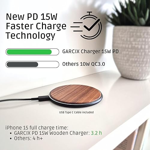 Miniatura 2 de Cargador inalámbrico de madera de 15 W, estación de carga inalámbrica Qi de diseño elegante, cable USB tipo C, compatible con iPhone 15 14 13 Pro