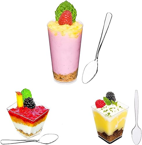 DLux Mini tazas de postre con cucharas, tirador + asimétrico + cuadrado grande, paquete de 50 Tamaño (3 onzas + 2 onzas + 5 onzas) Taza de