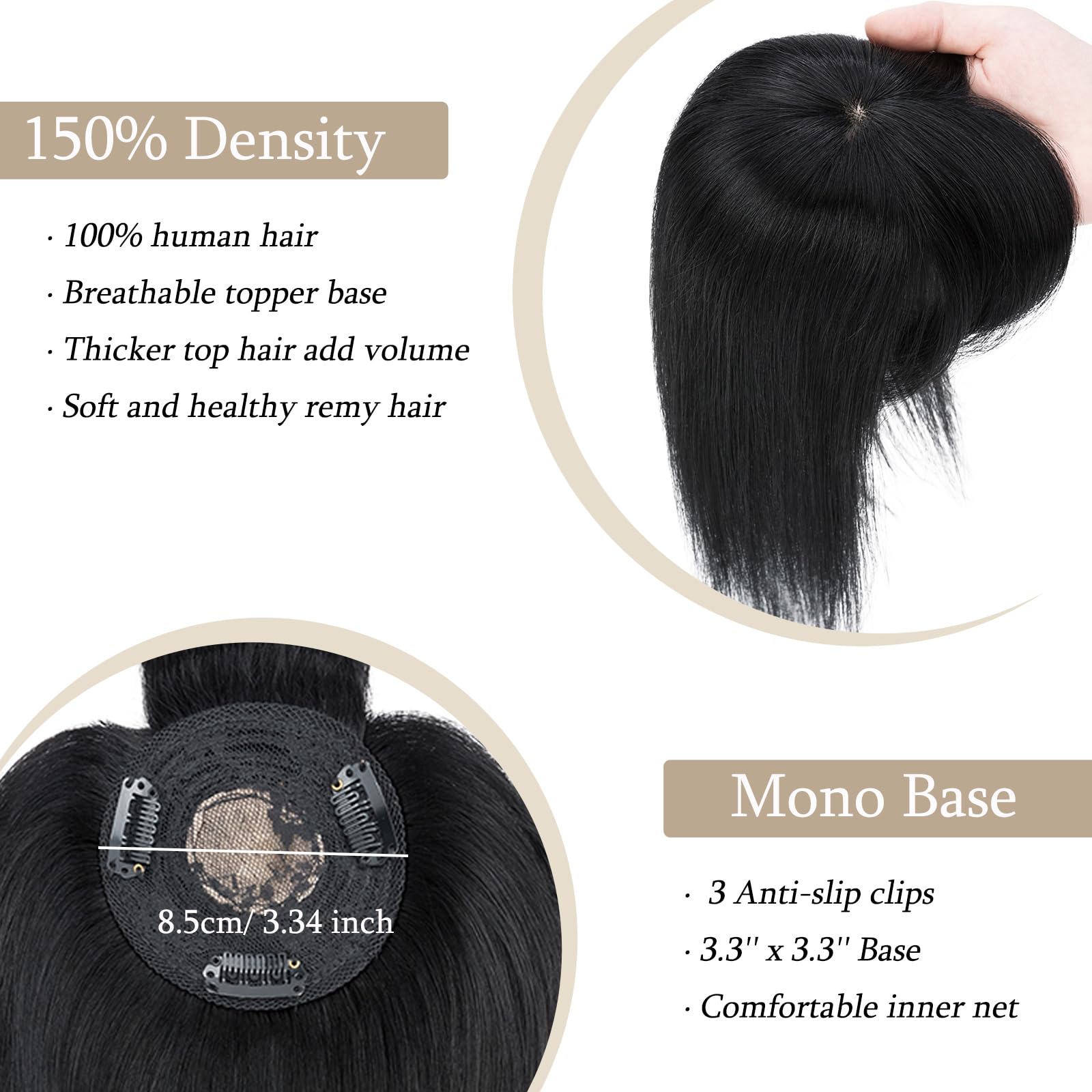 Human Hair Topper with Bangs, Mono Base, Clip-In for Thinning Hair Remy Human Hair Topper With Bangs: Middle Silk Base  main image 4