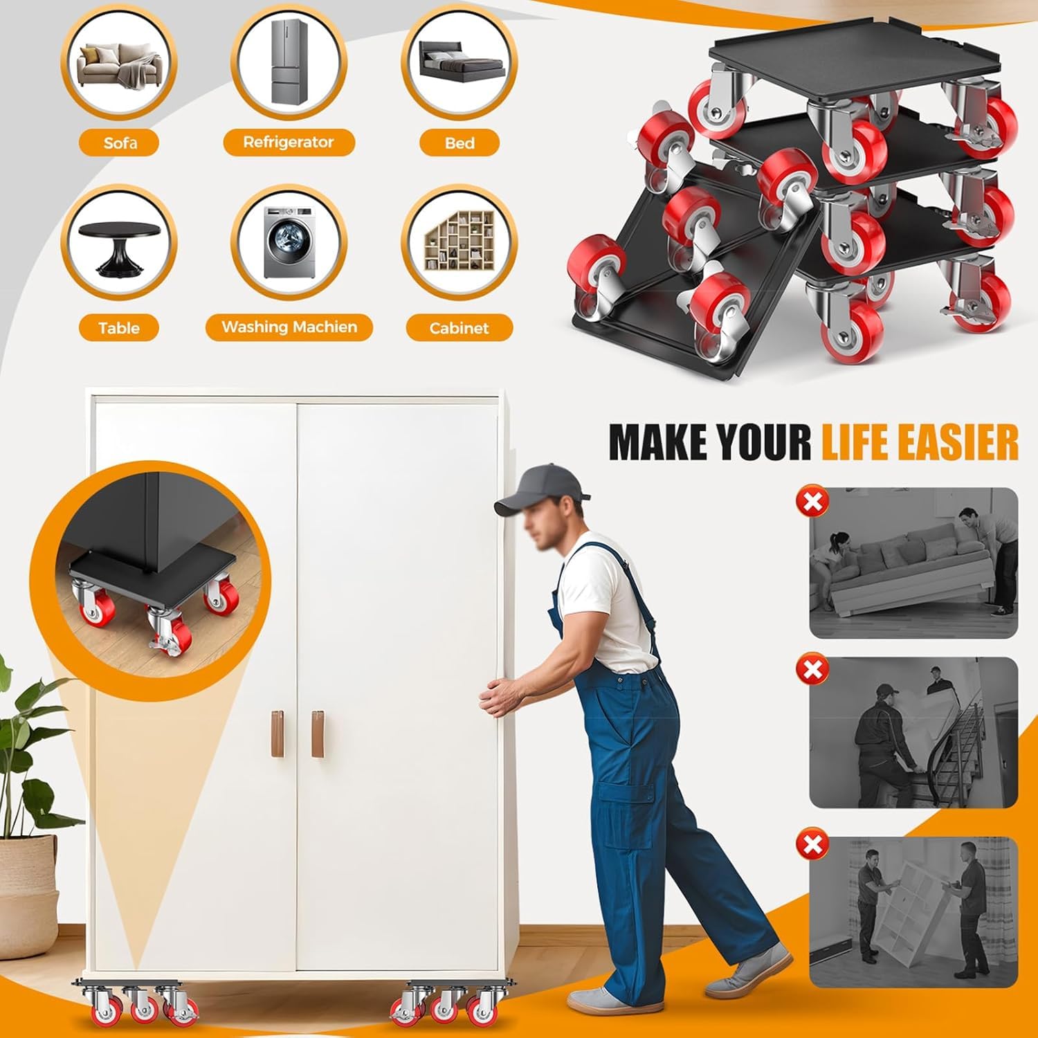 Kit Sollevatore Mobili, Spostare Mobili Pesanti, Kit Spostamento Mobili con Funzione di Parcheggio, Carico 1500 kg, con 5 Ruote Girevoli 360° per Spostamento Facile dei Mobili Grigio