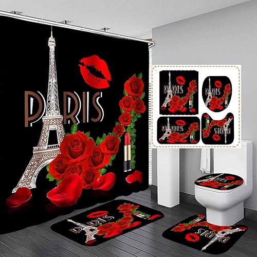 Camille & Andrew - Juego de 4 cortinas de ducha de la Torre Eiffel, románticas rosas rojas, tacones altos, labios sexys, maquillaje, decoración