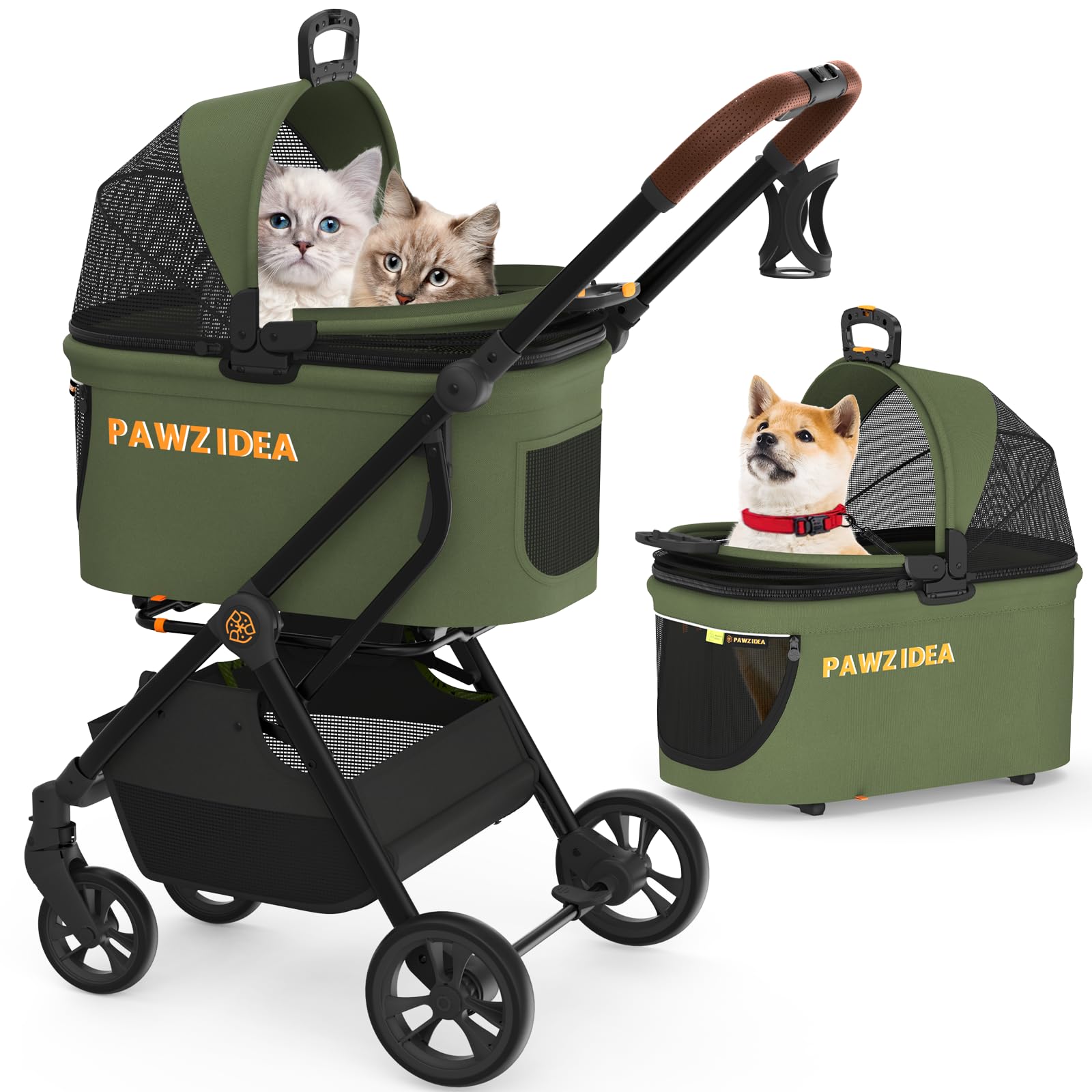 PAWZIDEA 4-in-1 Pet Stroller for Small Medium Dogs & Cats, Foldable Cat Stroller with Detachable Carrier, Escape-Proof No-Zip Canopy, Lightweight