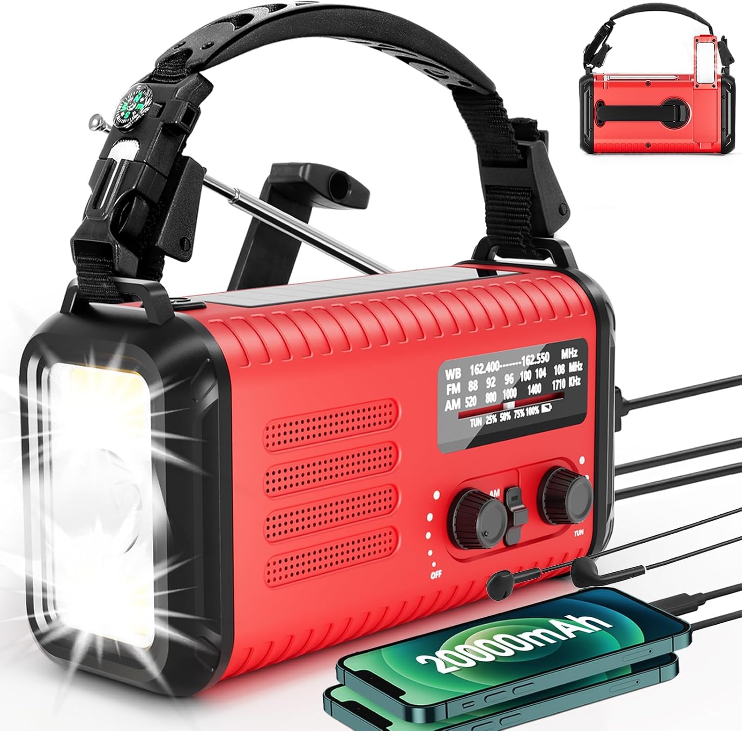 Radio météo d'urgence à manivelle, 20 000 mAh AM/FM/NOAA Radio solaire avec chargeur de téléphone, charge USB, lampe de lecture LED, prise casque, alarme SOS, boussole pour urgence (Scarlet)