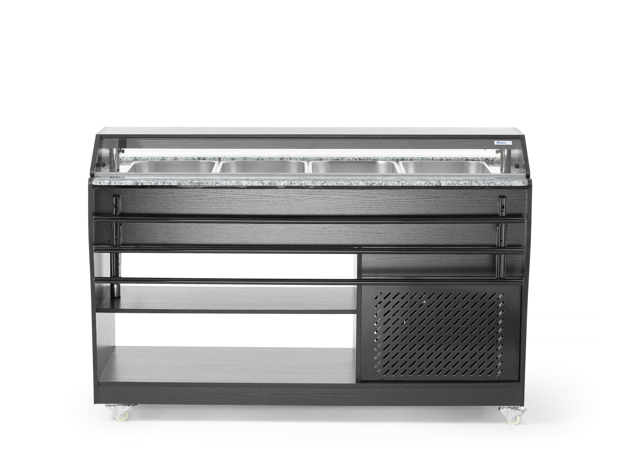 HENDI Buffet-Theke, gekühlt, mit 4x GN1/1 Behälter, 2 Ablageboden, Temperaturbereich: 2° bis 10°C, 4 Lenkrollen, Schutzabdeckung, Salatbar, 230V/170W, 1490x1260x(H)1370mm, Edelstahl, Glas, schwarz