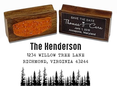 Miniatura 2 de Printtoo Dirección de devolución familiar personalizada con diseño de pinos Sello de goma montado en madera personalizado