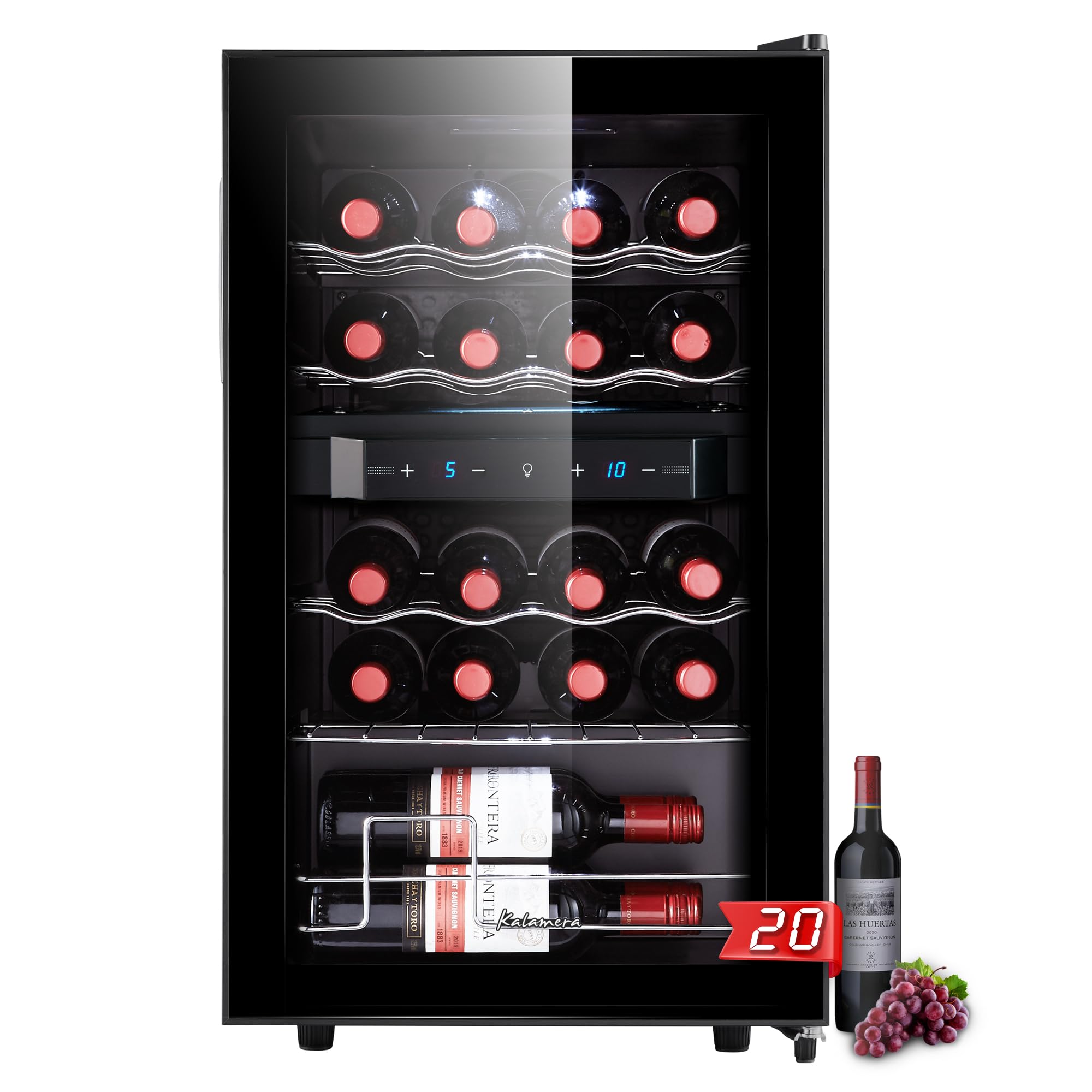Kalamera Frigorifero per vino 2 zone, pannello di controllo a sfioramento, porta in vetro nero, maniglia a scomparsa, frigorifero per bottiglie 20 litri, zona di raffreddamento 5-18°C, KRC-68BFG