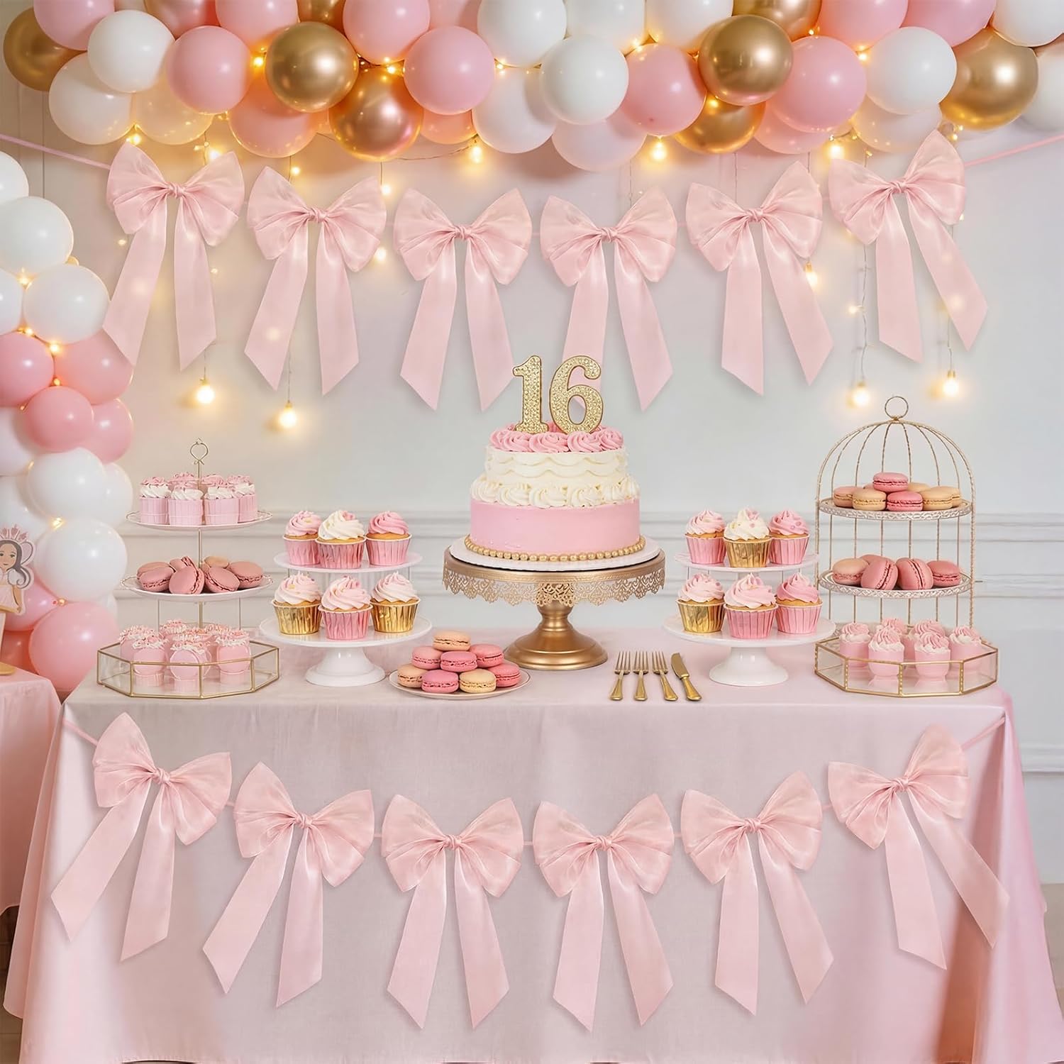 FLAIR GIFTS 2-Strings 6.5ft Pink Bows Garland Banner, Pre-Strung Bow Party Decorations for Coquette Birthday, Bachelorette Party, Girly Pink Party Supplies, Baby Shower, Bridal Shower