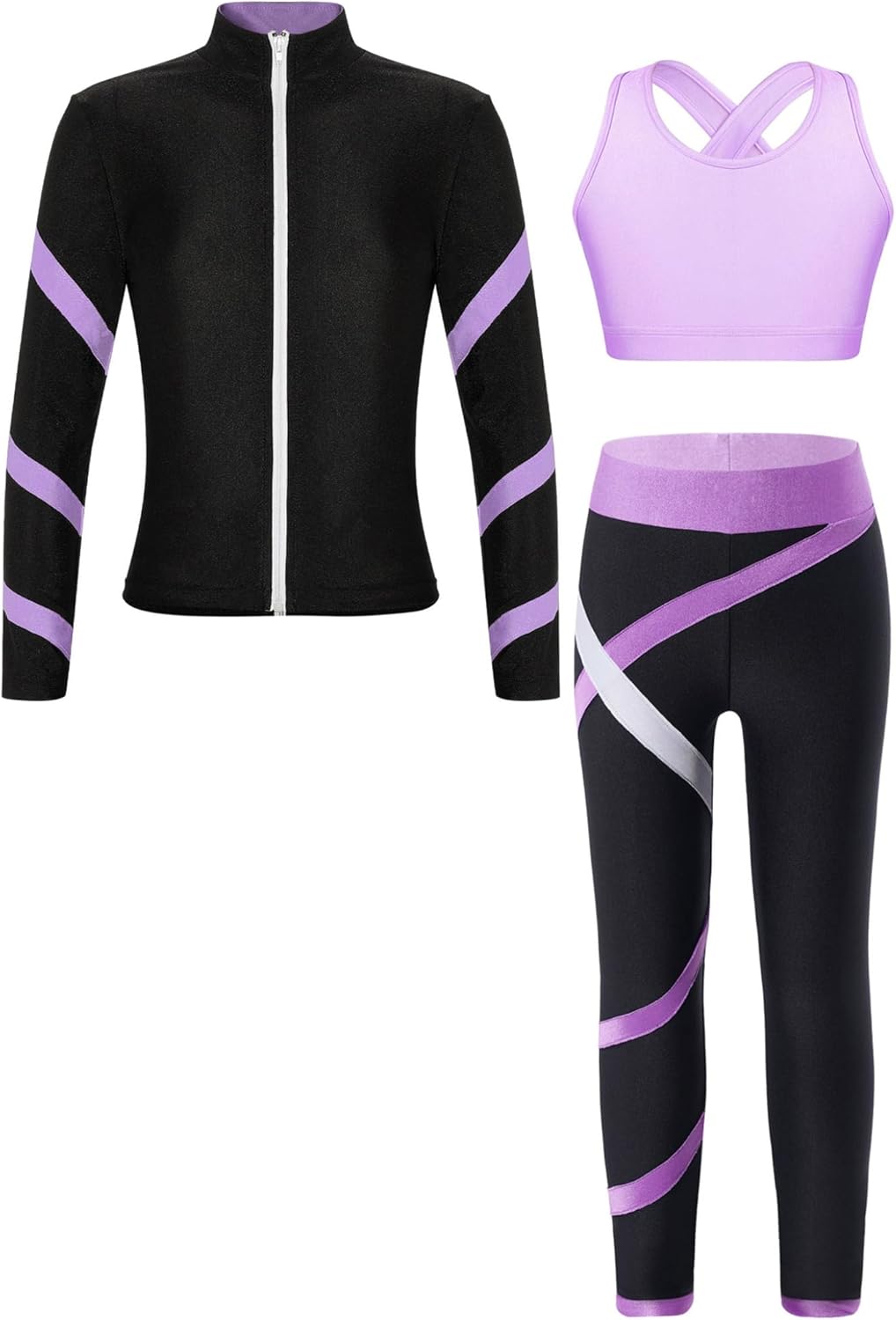 Kids Girls Dance Sports Bra Crop Top with Athletic Leggings Jacket Sweatshirt Set 3Pcs Outfits Gymnastics Tracksuit