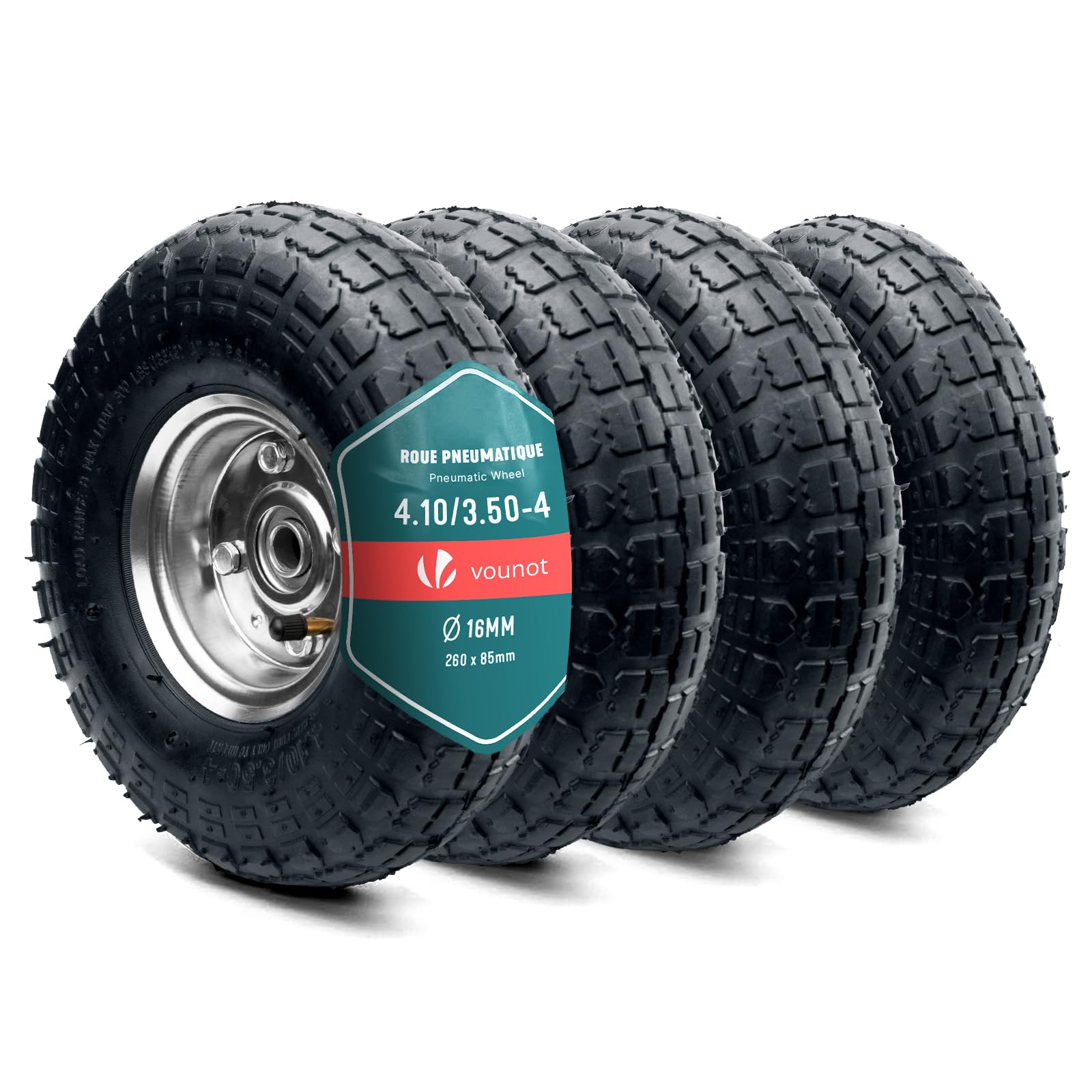 VOUNOT® Set da 4 Ruote Pneumatica 3.5-4 con Camera d'Aria, Ruota Carriola 260x85mm Foro 16 mm con Cuscinetti a Sfere, Ricambio per Carrello, Carretto e Rimorchio da Giardino
