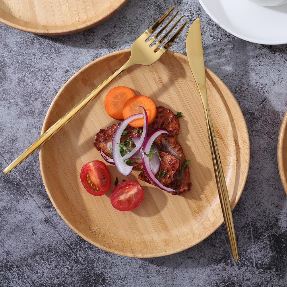 Platos de bambú redondos de 7.5 pulgadas, platos de bambú reutilizables para niños, juego de 6 platos de madera, platos ligeros para aperitivos, postres, platos clásicos irrompibles,