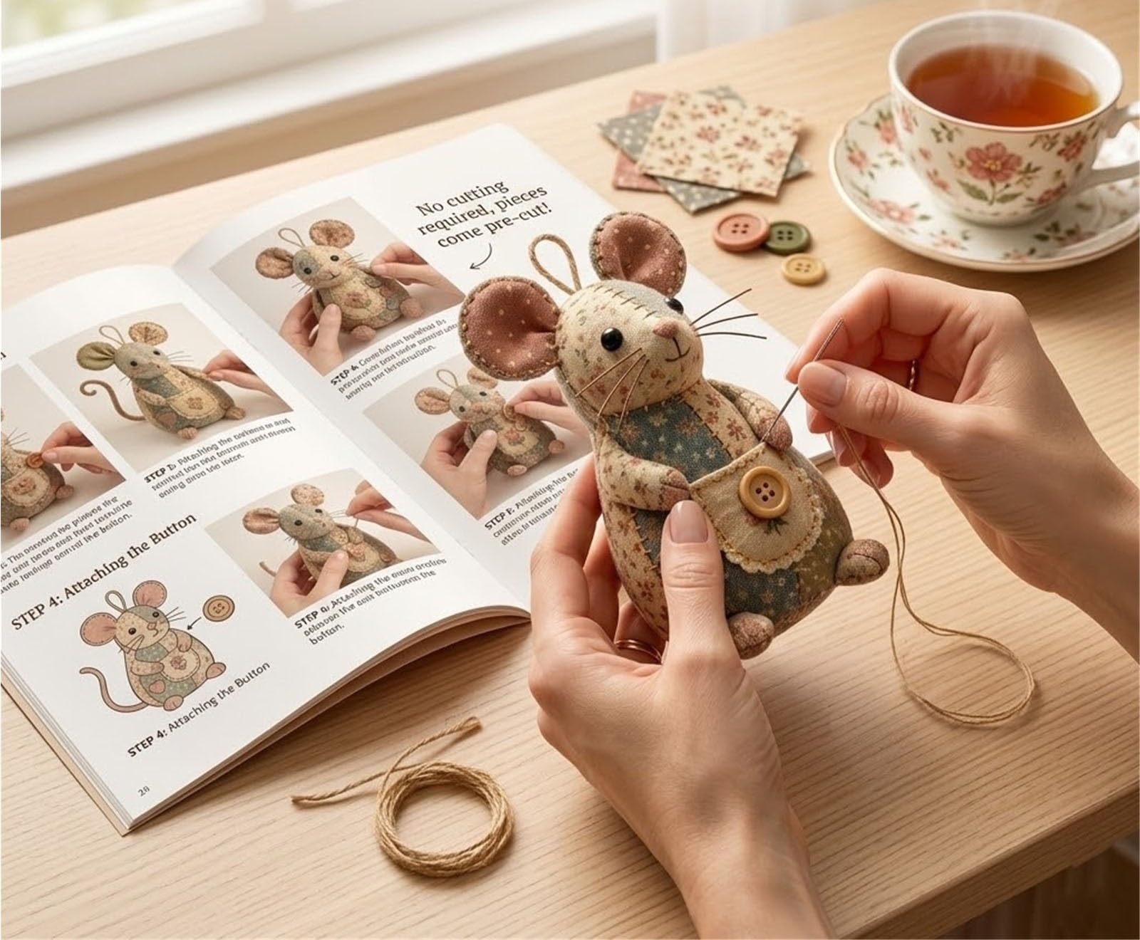 Patchwork-Maus-DIY-Set, Handgefertigtes Näh-Bastelset Mit Floraler Stofffüllung Und Knöpfen, Niedliches Stoffmaus-Ornament for Anfänger(3SET)