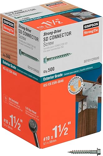Simpson Strong-Tie SD10112R500 - Tornillos de conector SD de accionamiento fuerte #10 x 1-1/2 pulgadas, cabeza hexagonal de 1/4 pulgadas,
