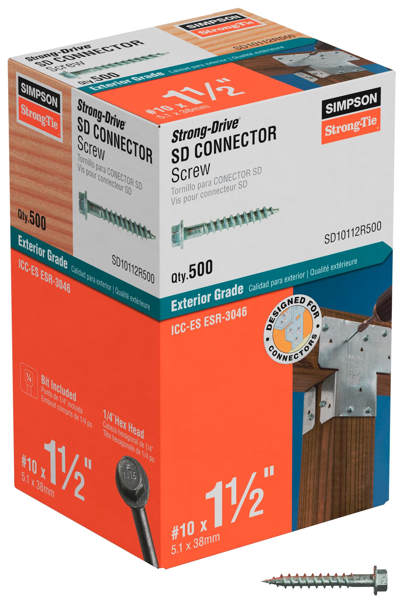 Simpson Strong-Tie SD10112R500 - #10 x 1-1/2 Inch Strong Drive SD Connector Screws - 1/4 Inch Hex Head, Galvanized Coating, Hex Bit Included, for Construction, Home Improvement (Box of 500)