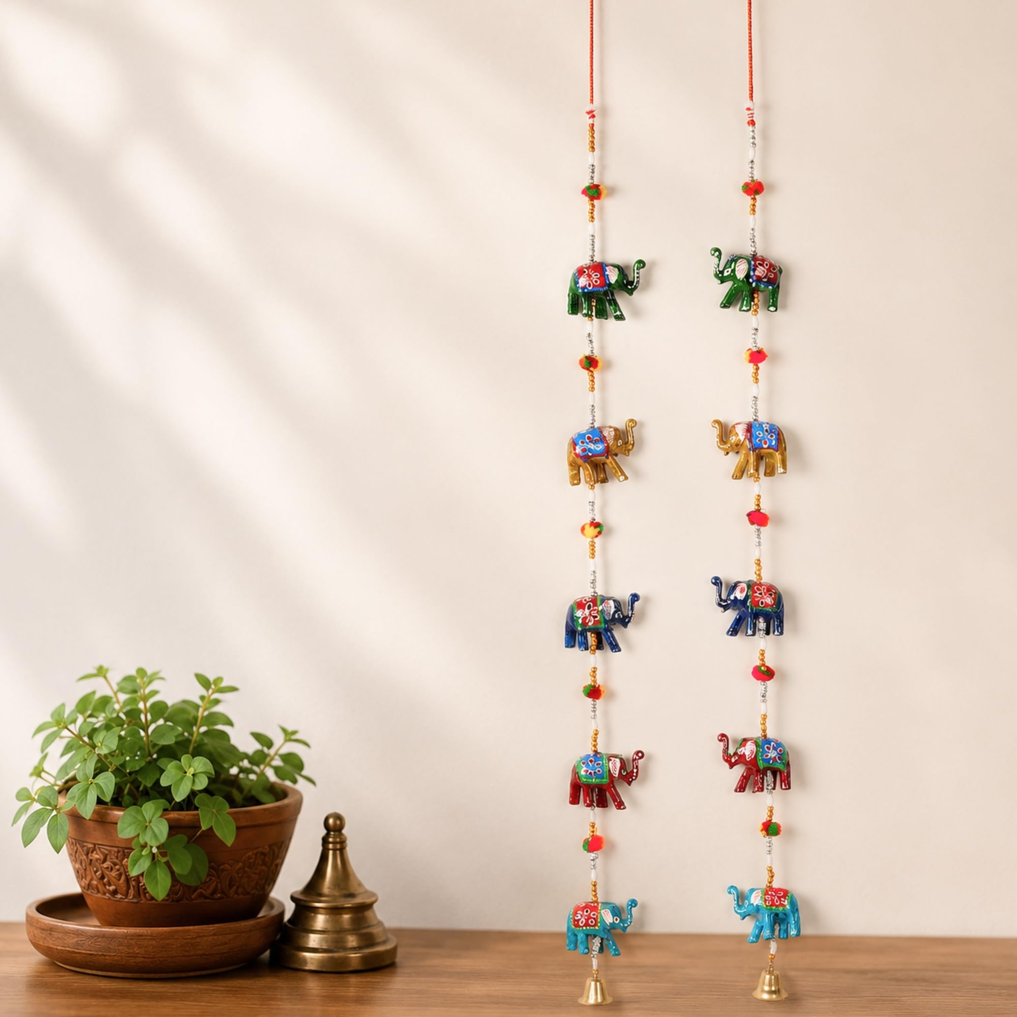 Habere India-All the Cultures Fabricating India Handcrafted Wooden Elephant Wall Hanging Set of 2 | Hand Painted Door Hanging | Colorful Beaded Home Decor | Diwali Gift (Design05: L6 x W3 x H89 cm)-picture-17