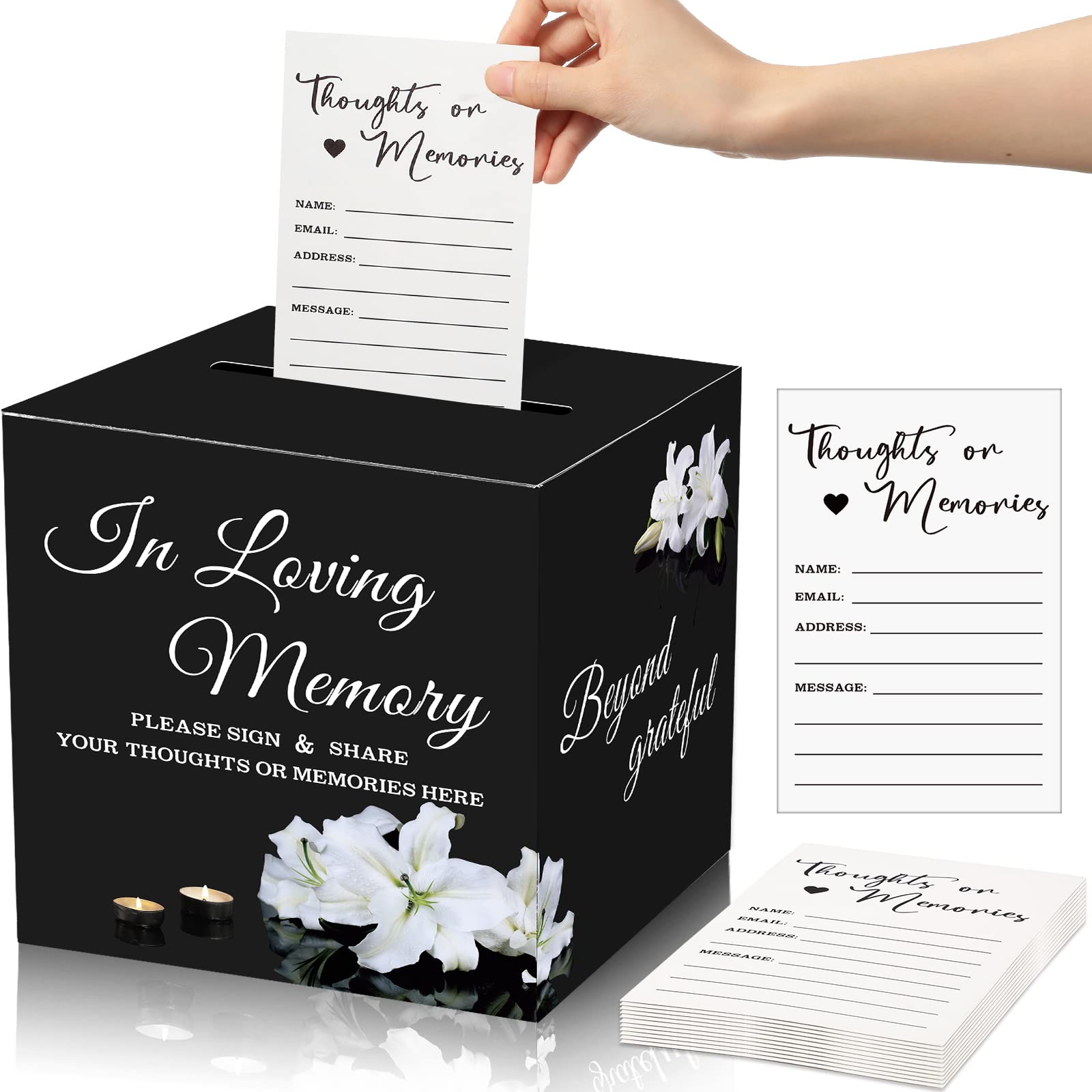 Fainne 50 Pcs Lily Share a Memory Cards with Celebration of Life Box Funeral Advice Cards Thank You Sympathy Holder Box Decor for Guest Funerals Memorial Service Farewell Remembrance Party Supplies