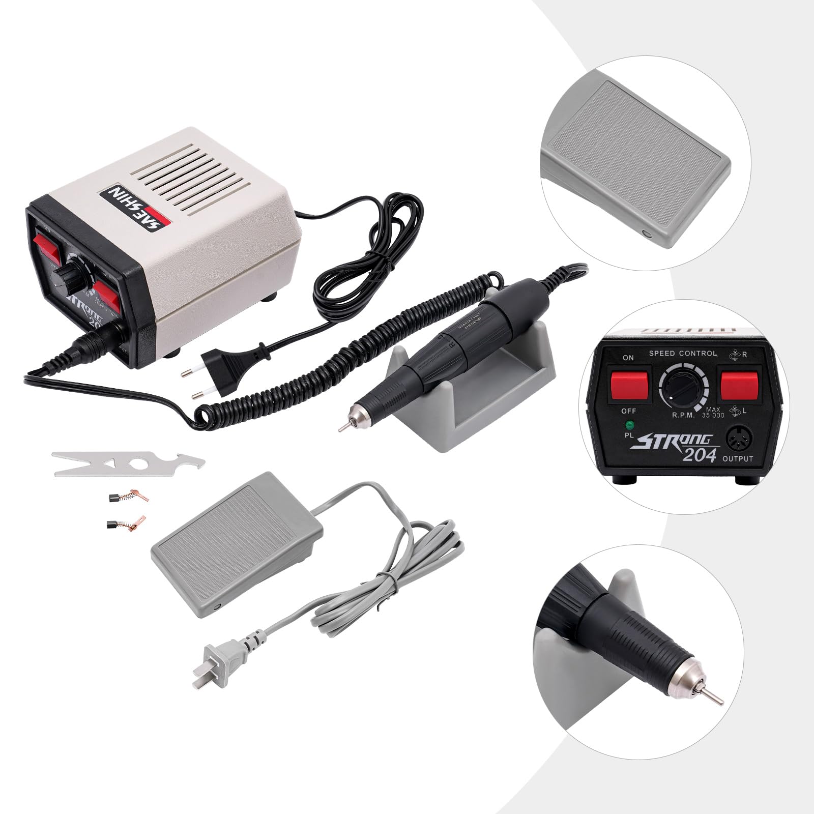 Mikrosilnik laboratoryjny, 65 W, elektryczna wiertarka jadeitowa, maszyna do polerowania z 2 szczotkami węglowymi i pedałem nożnym, 35000 obr./min elektryczna szlifierka do zębów