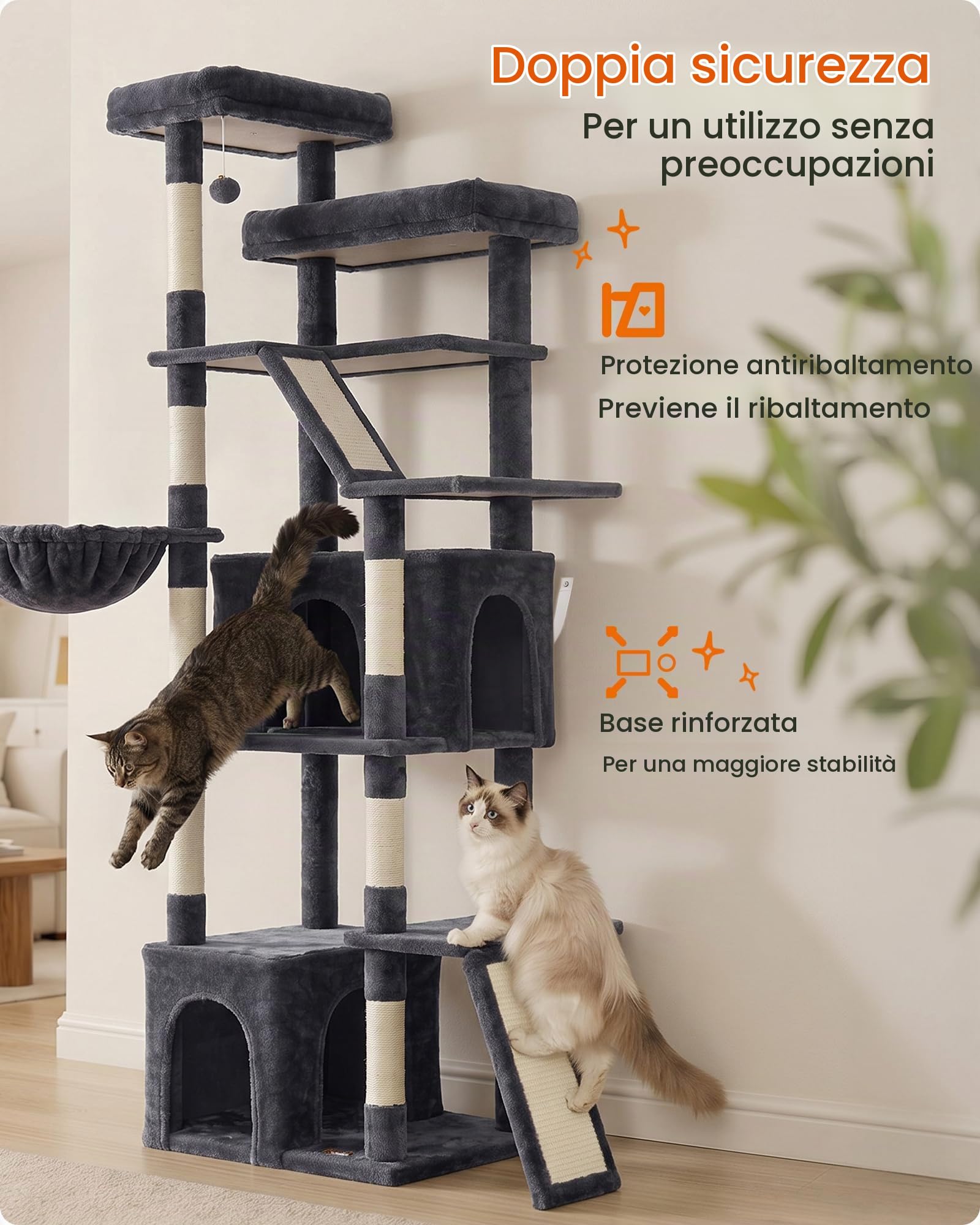 Feandrea Albero per Gatti XL, Tiragraffi per Più Gatti, 55 x 45 x 184,5 cm | 2 Graffiatoi e 7 Tronchi in Sisal, 7 Aree di Riposo, Grigio Scuro, COLLEZIONE CLAWFY PCT014G201