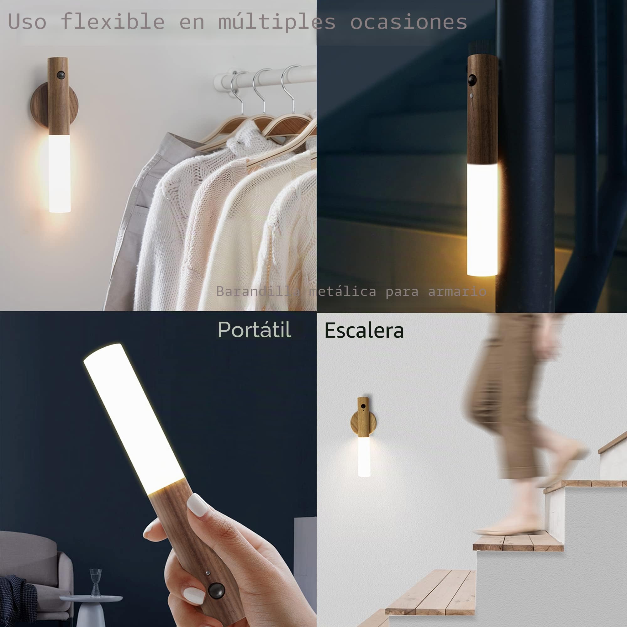 Luz con sensor de movimiento para interiores, lámpara de pared de madera, recargable, portátil, magnética, funciona con pilas, luz nocturna LED para niños, baño, armario, dormitorio, madera