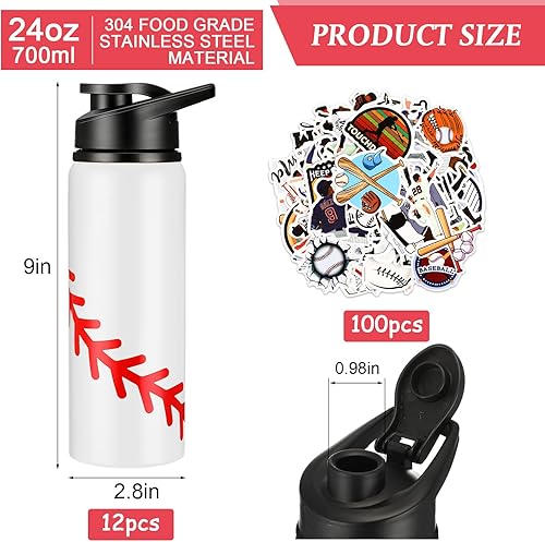 Miniatura 3 de Gerrii 12 botellas de agua de béisbol a granel de 20 onzas con tapa a presión, botellas reutilizables, 100 calcomanías, calcomanías de premio para