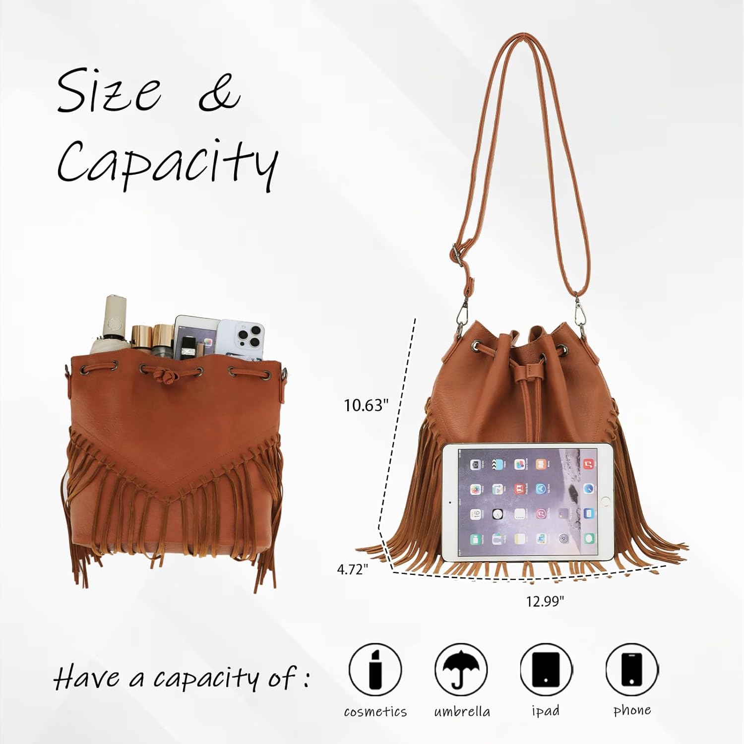 Emprier Fringe Bucket Bags for Women Vegan Faux Suede Leather Western Hobo Purse Crossbody Handbag