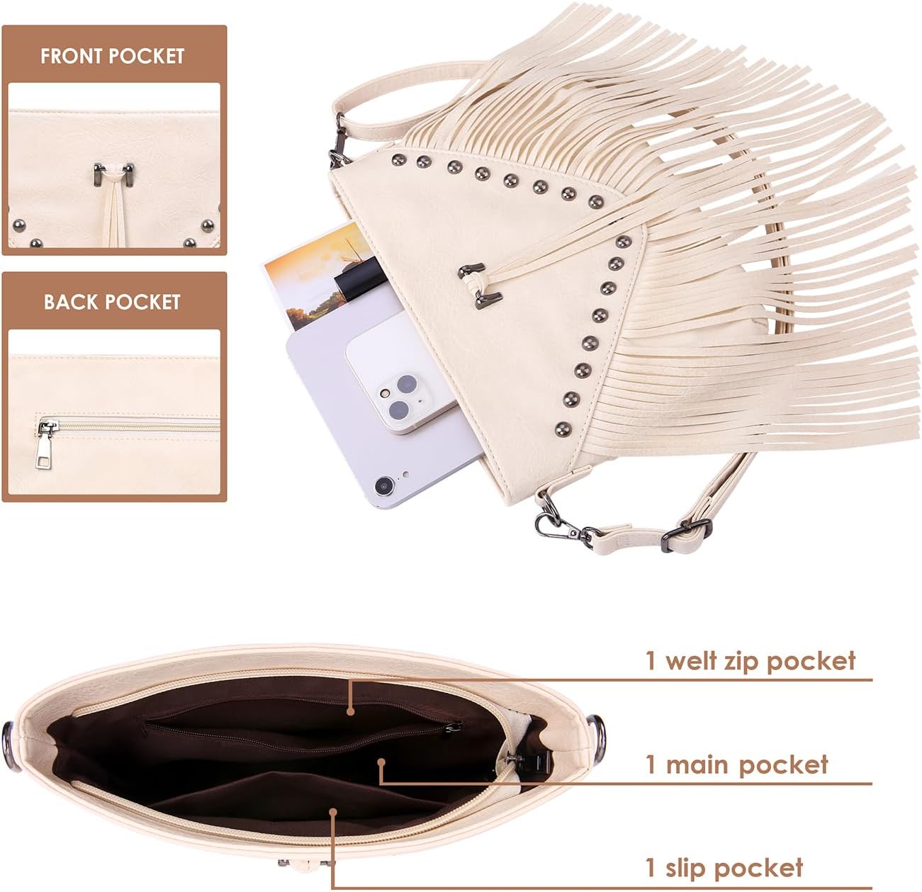 HDE Women's PU Leather Hobo Fringe Crossbody Tassel Purse Vintage Small Flap Envelope Handbag Western Sling Shoulder Bag - Image 5