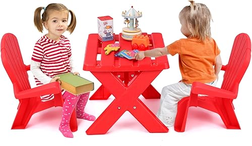 COSTWAY Juego de mesa y silla para exteriores para niños, mesa de juego para niños pequeños con 2 sillas Adirondack, 3 muebles de patio trasero para COSTWAY Juego de mesa y silla para exteriores para niños, mesa de juego para niños pequeños con 2 sillas Adirondack, 3 muebles de patio trasero para