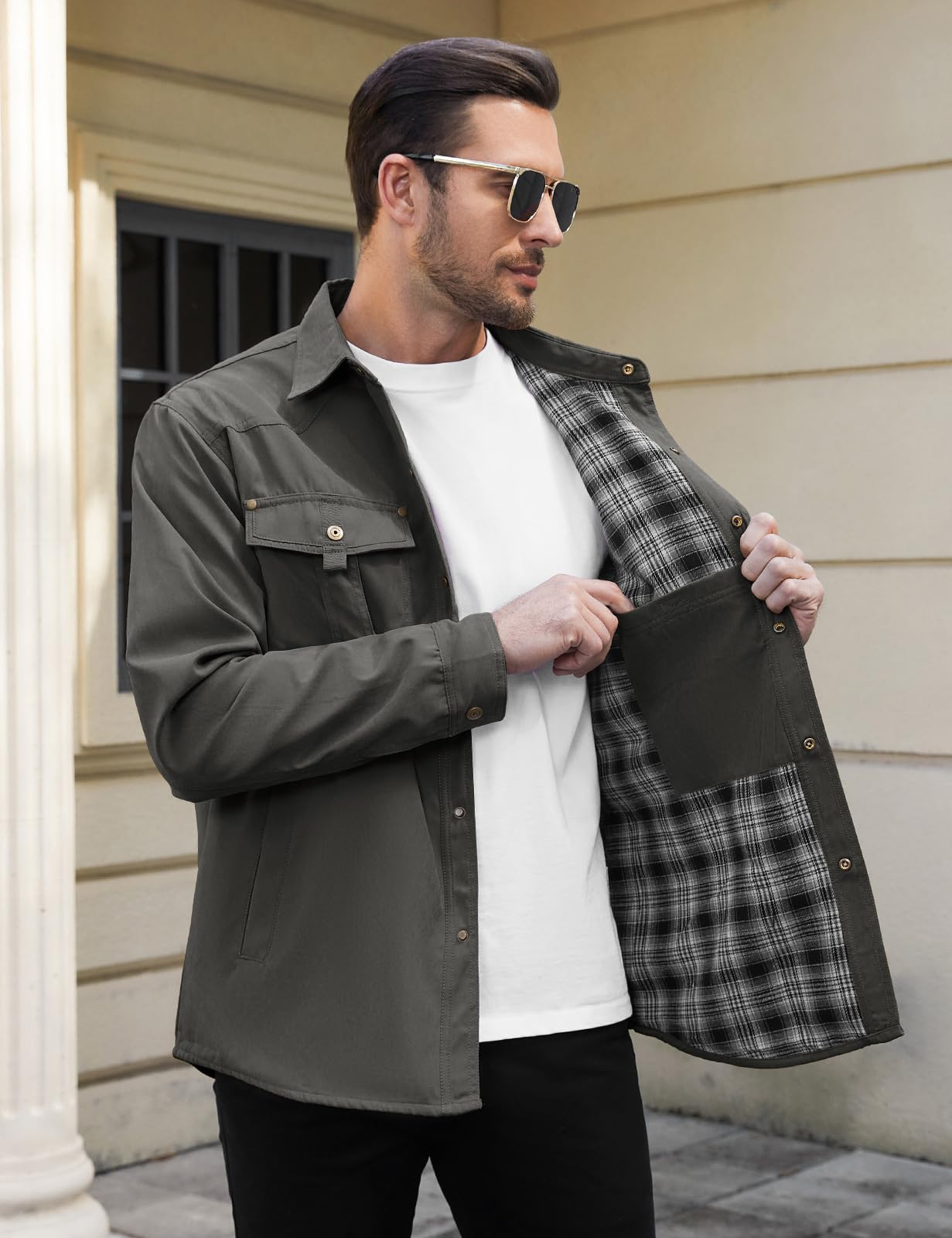 Voqeen Chaqueta Hombre Manga Larga Casual Plaid Cazadora Entretiempo Botón Snap Casual Chaqueta Primavera Rugosa Forrada De Franela Cazadora Entretiempo Chaqueta Ligera