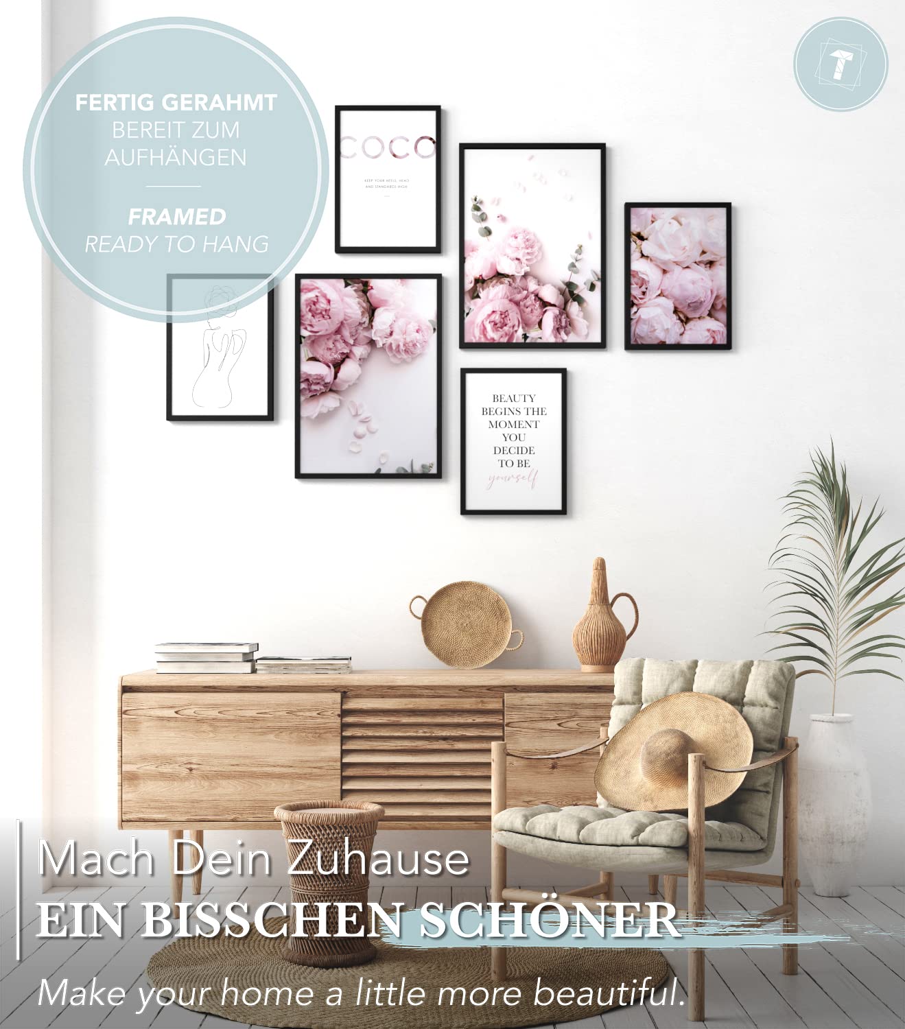 Papierschmiede® Mood Poster Set Coco Peony, Fertiges Bilder Set mit Rahmen (Holz, schwarz), Wohnzimmer Deko Schlafzimmer, 2x DIN A4 und 4x DIN A5, rosa Pfingstrosen Eukalyptus Floral