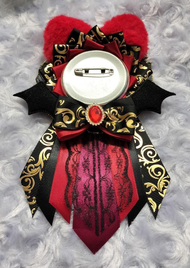 痛ロゼット 赤 黒 ハンドメイド 箔押し リボン 猫耳 悪魔 羽