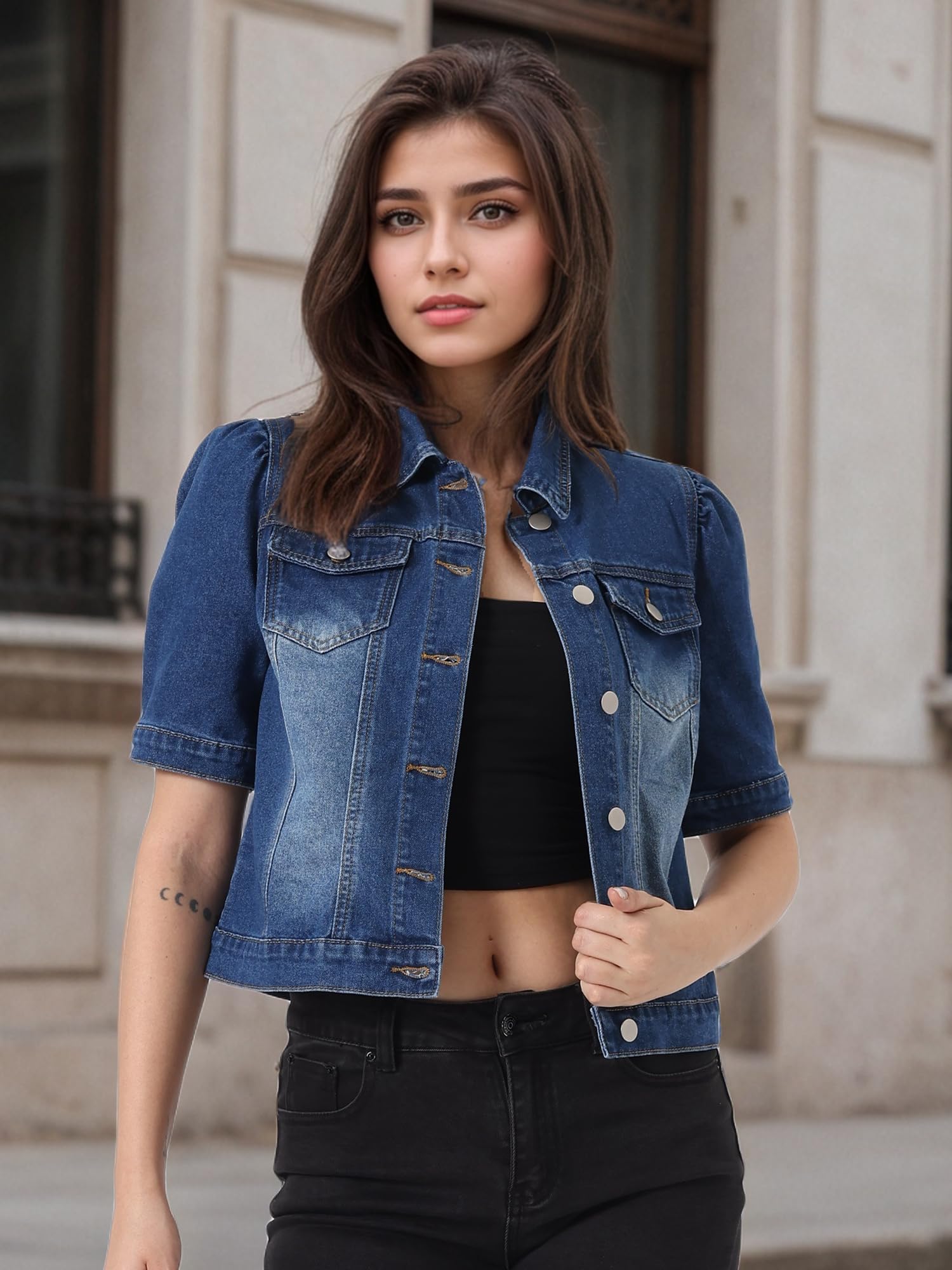 Allegra K Giacca Casual Donna Maniche Corte Sbuffo Blazer Jeans Abbottonata